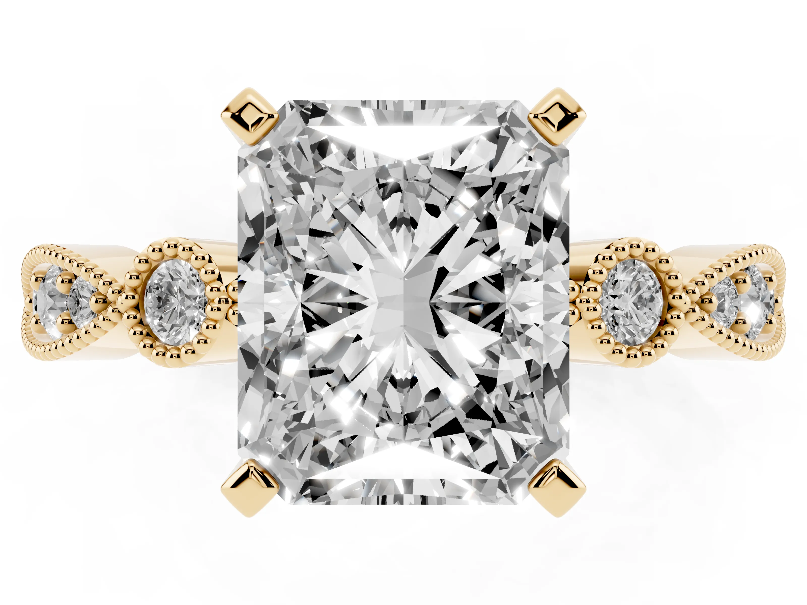 Radiant Cut Diamond Solitaire Engagement Ring Set in Yellow gold with Milgrain Bezel Accent Band