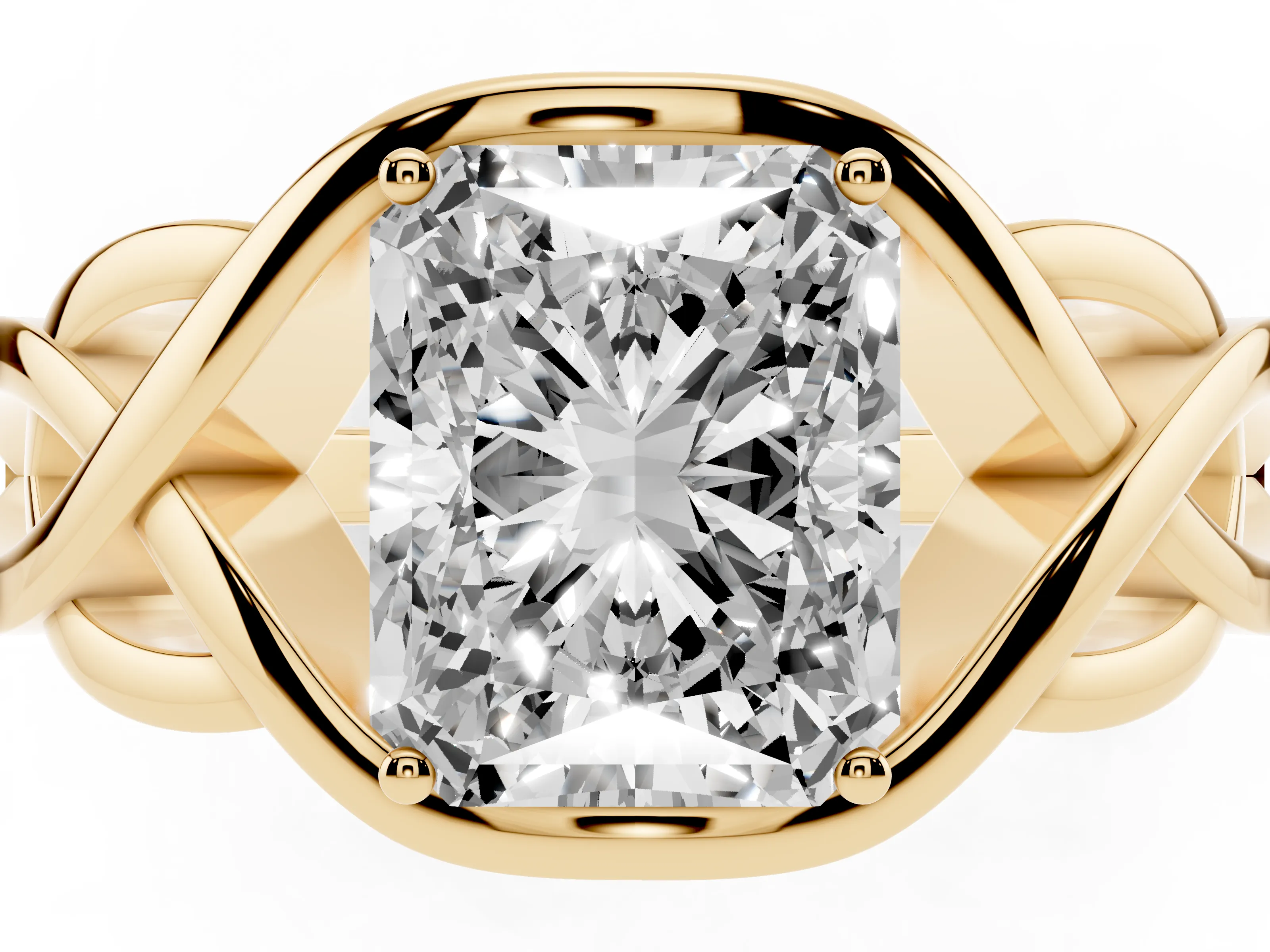 Radiant Cut Diamond Solitaire Ring Set in Yellow gold with Intertwined Band