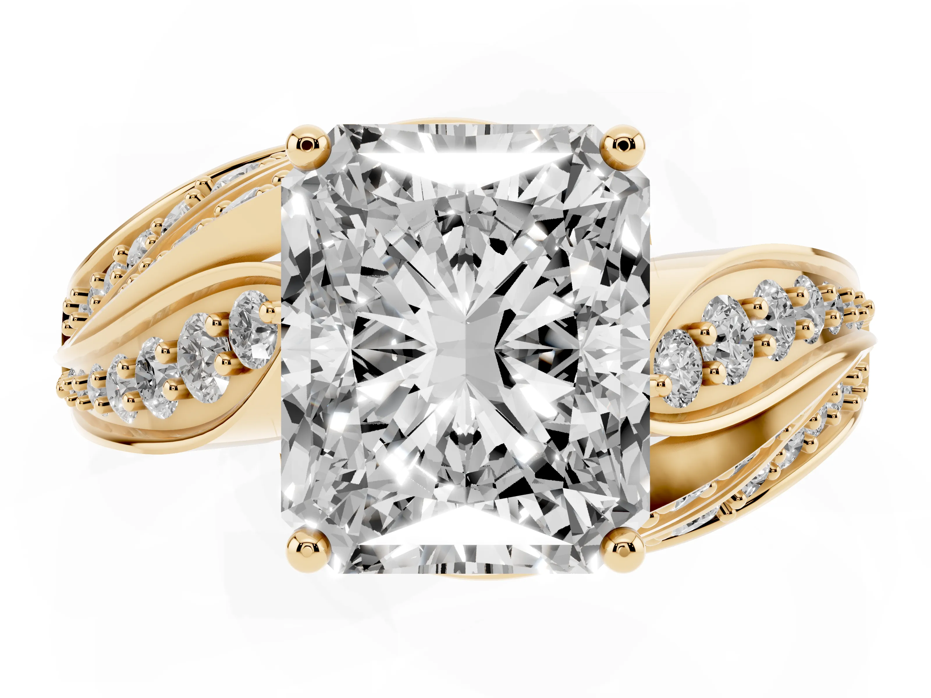 Radiant Cut Diamond Solitaire Ring Set in Yellow gold with Layered Twist Pavé Band