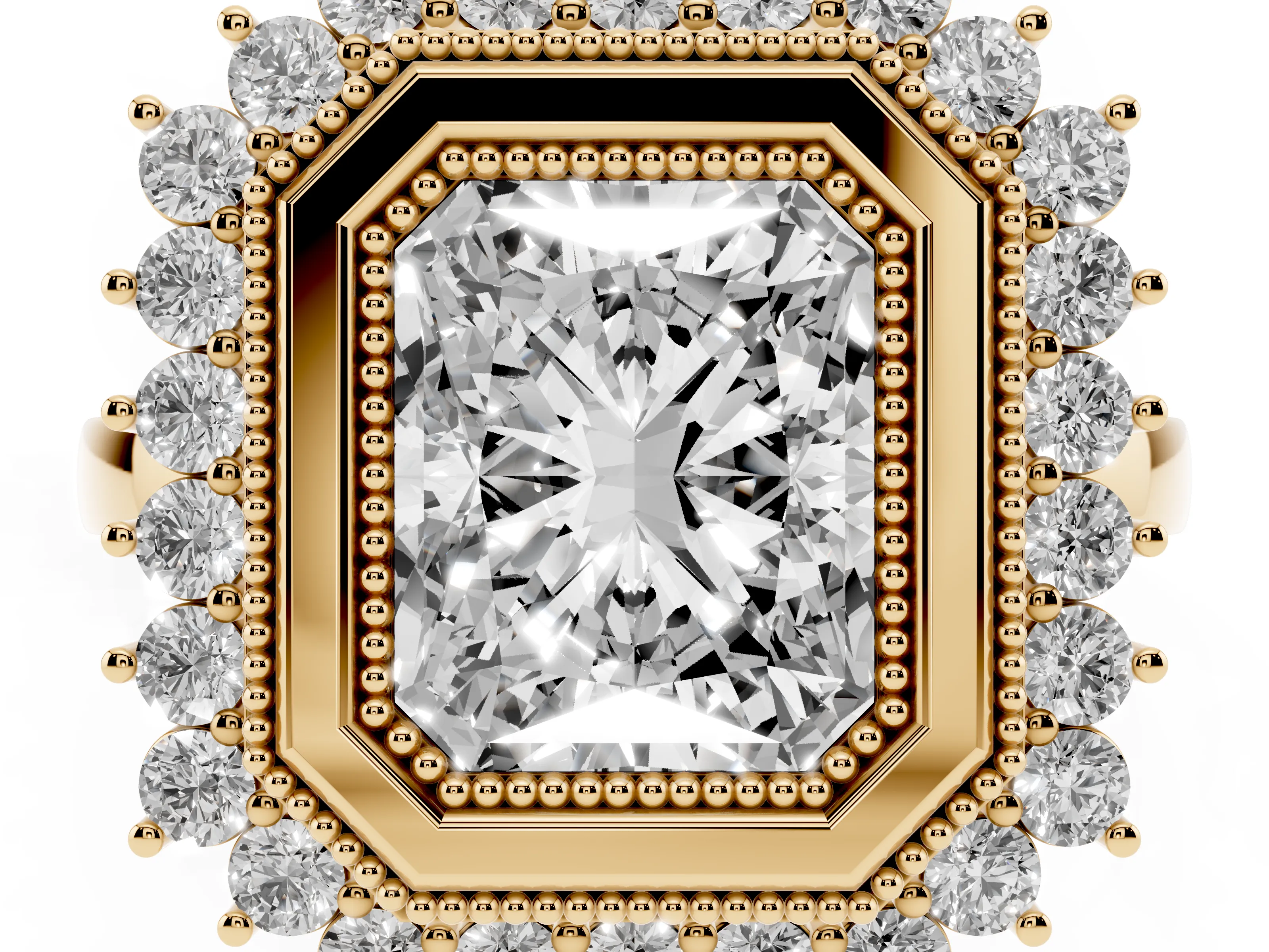 Radiant Cut Diamond Halo Ring Set in Yellow gold with Milgrain Edge and Round Prong Setting