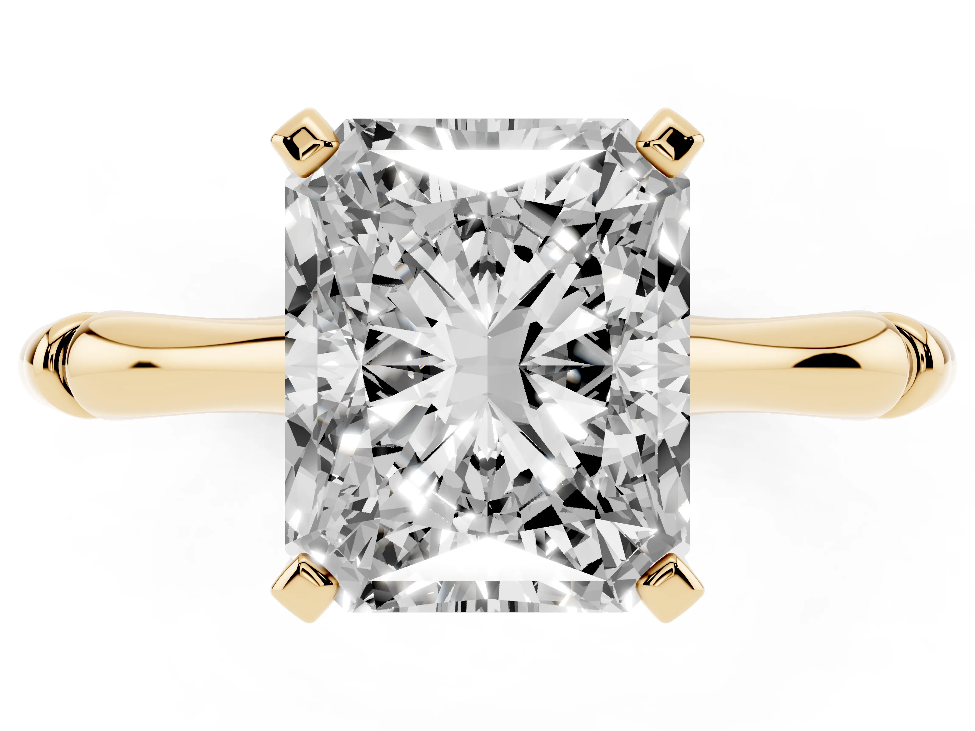 Radiant Cut Diamond Solitaire Ring Set in Yellow gold with Bamboo Band and Prong Setting