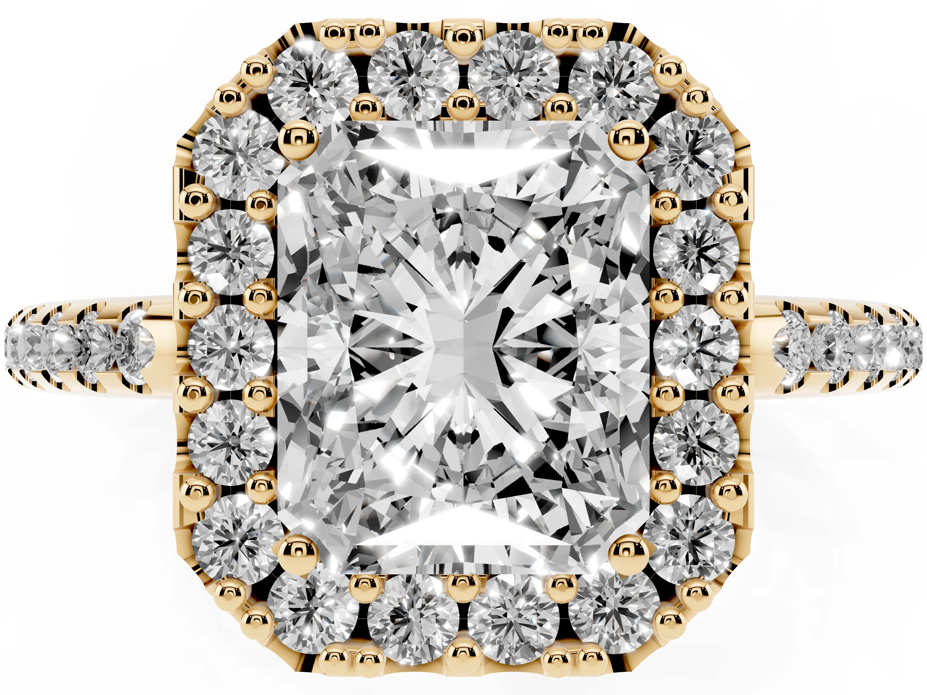 Radiant Cut Diamond Pavé Halo Ring Set in Yellow gold with Prong Setting
