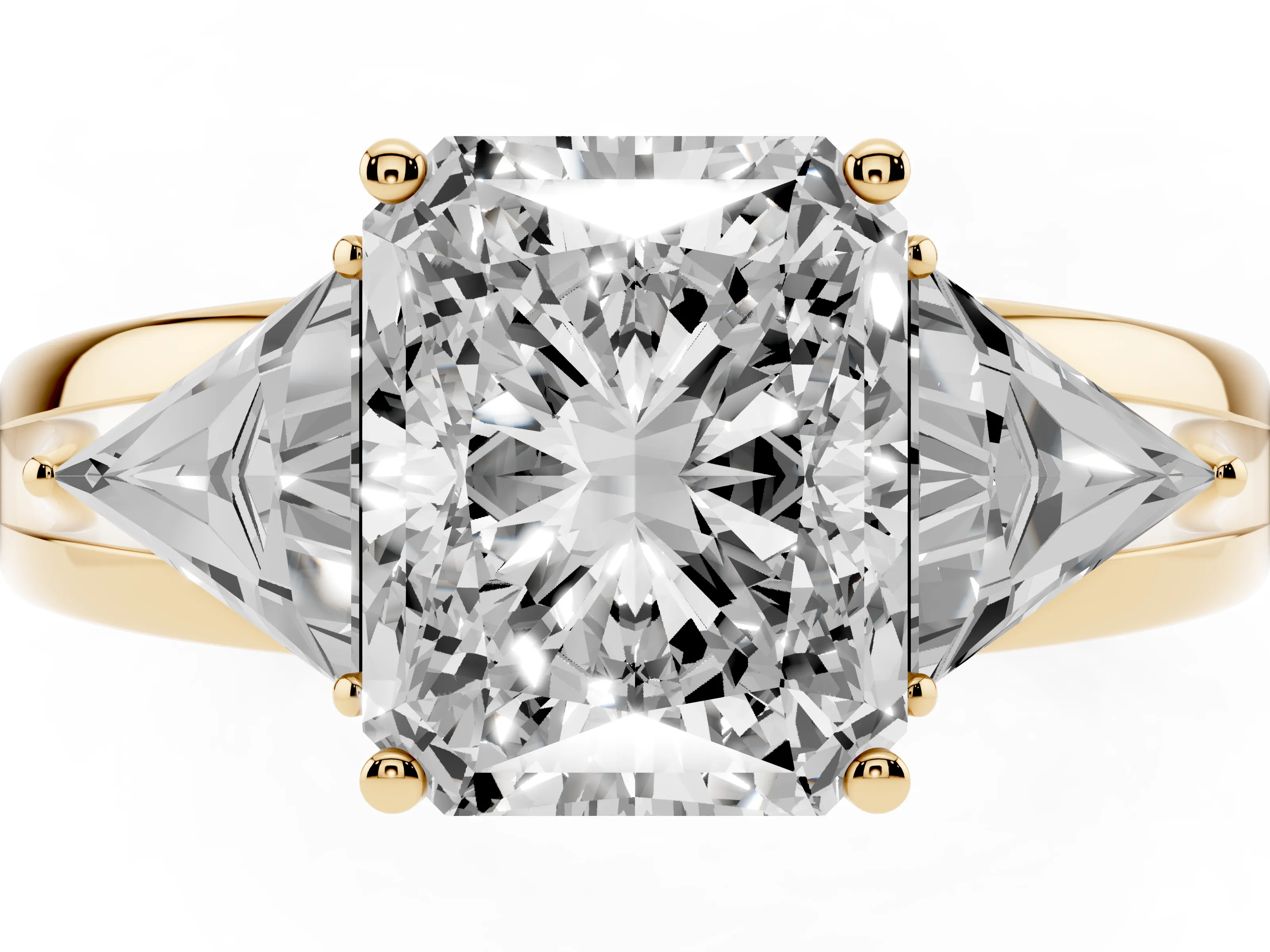 Radiant Cut Diamond Three-Stone Ring Set in Yellow gold with Trillion Side Stones and Split Shank