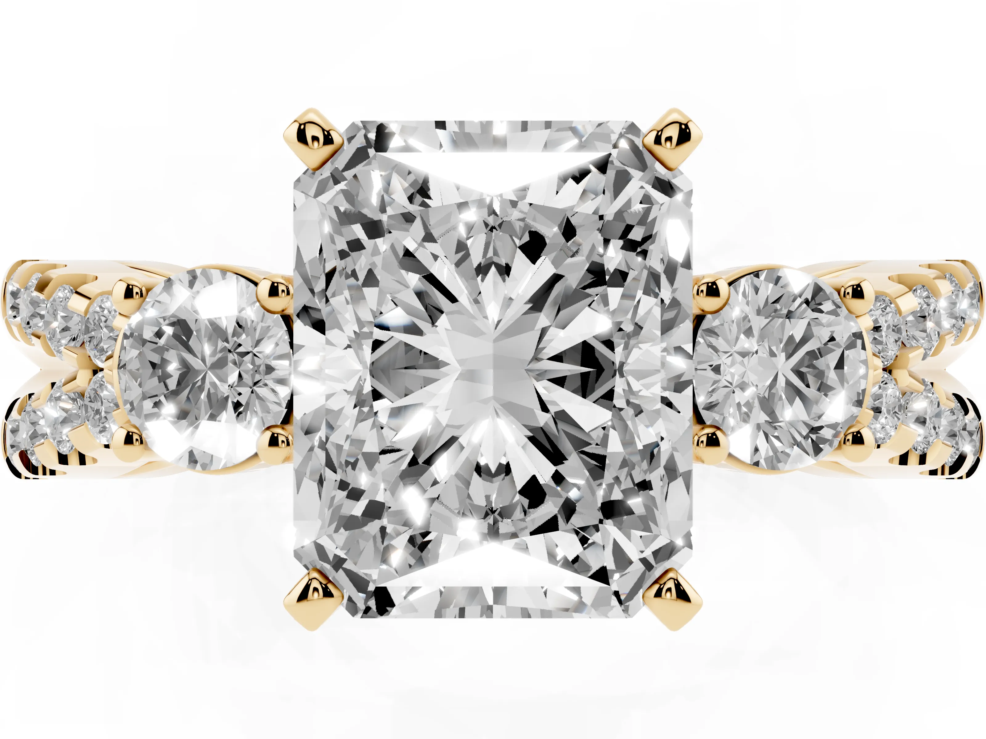 Radiant Cut Diamond Three-Stone Ring Set in Yellow gold with Pavé Split Shank and Prong Setting