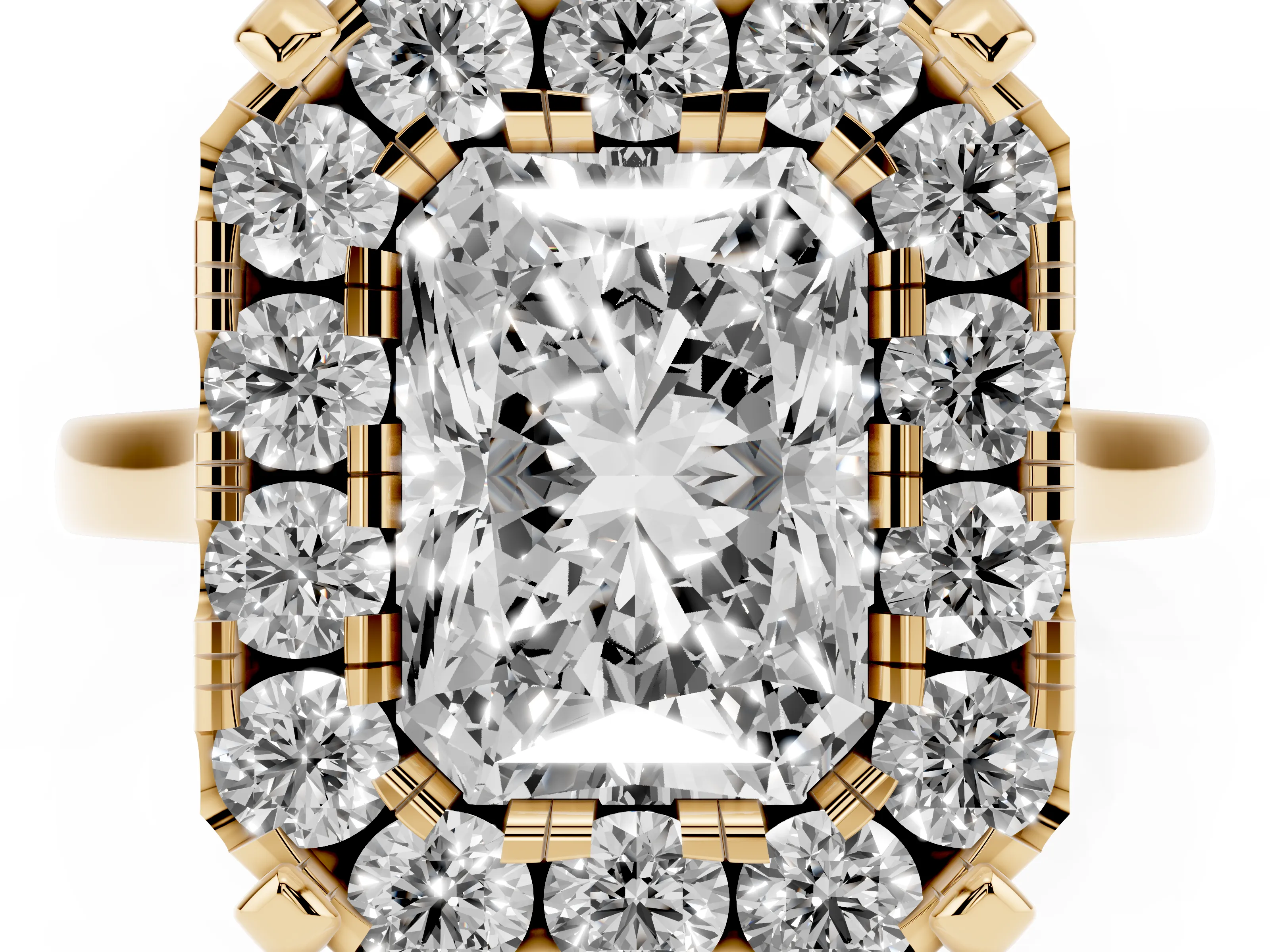Radiant Cut Diamond Cluster Halo Solitaire Ring Set in Yellow gold with Prong Setting