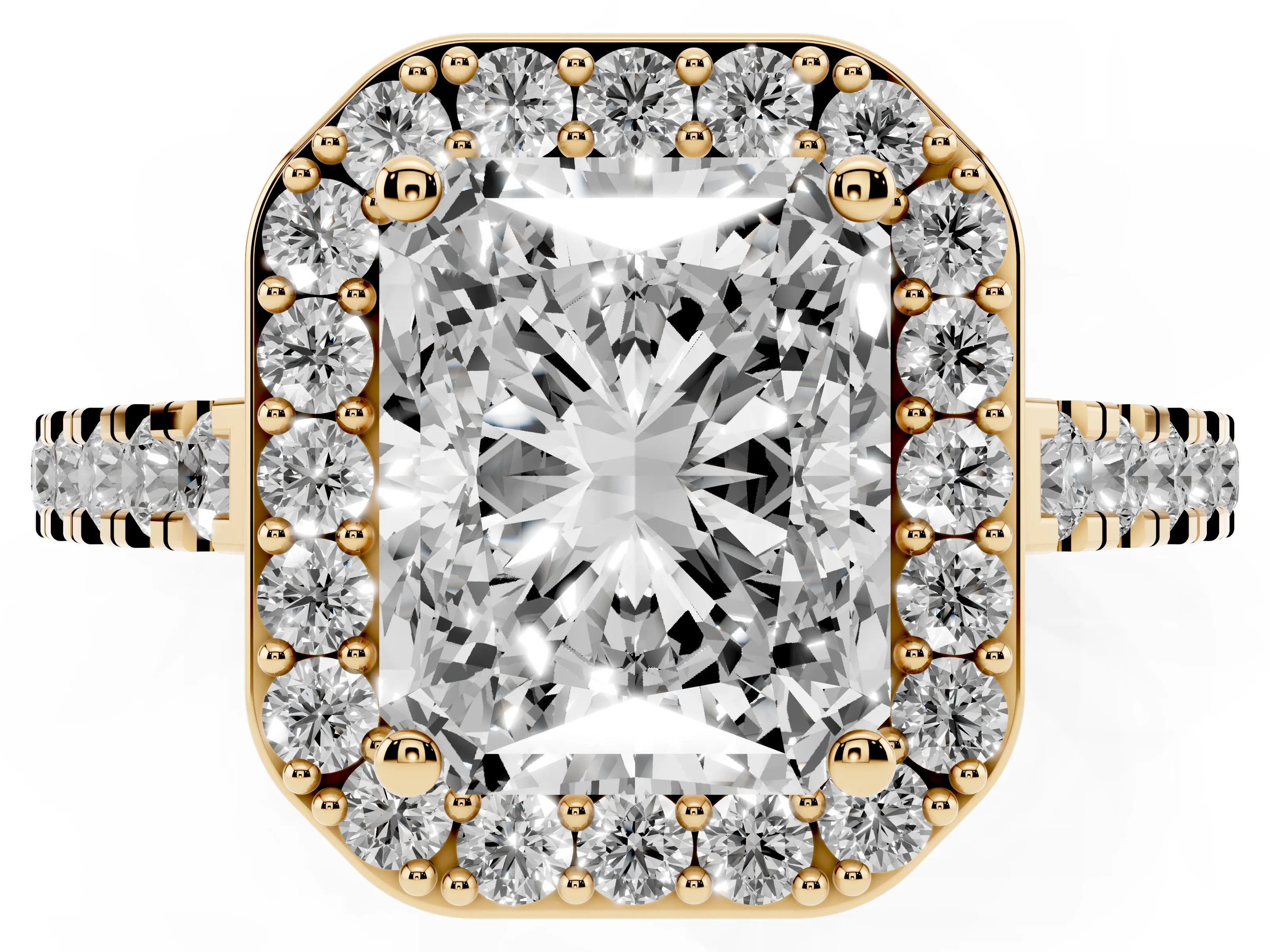 Radiant Cut Diamond Halo Ring Set in Yellow gold with Round Pavé Split Shank and Prong Setting