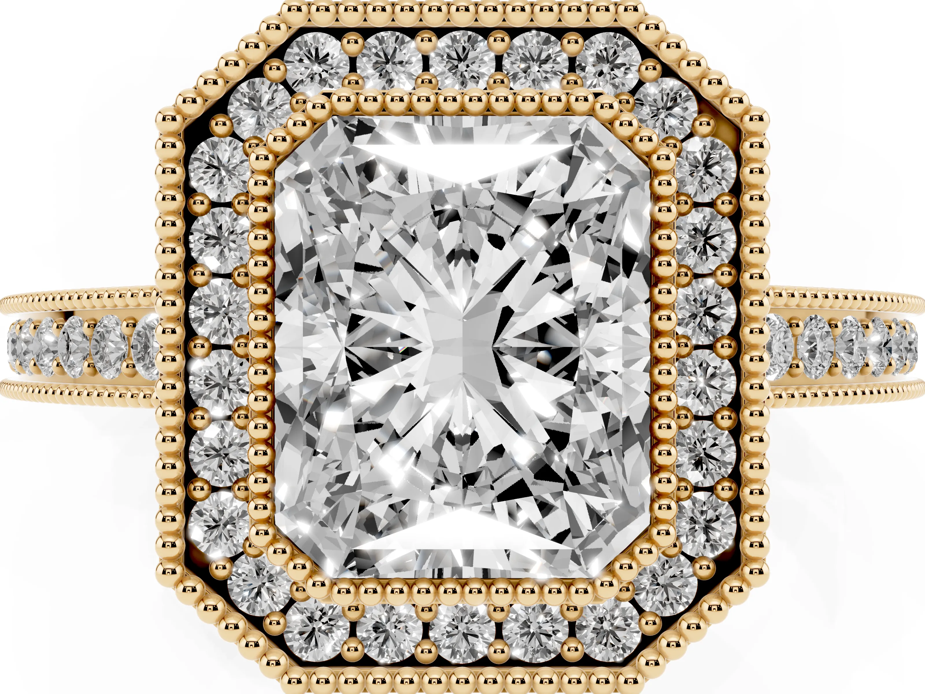 Radiant Cut Diamond Halo Ring Set in Yellow gold with Pavé Band and Milgrain-Edged Prongs
