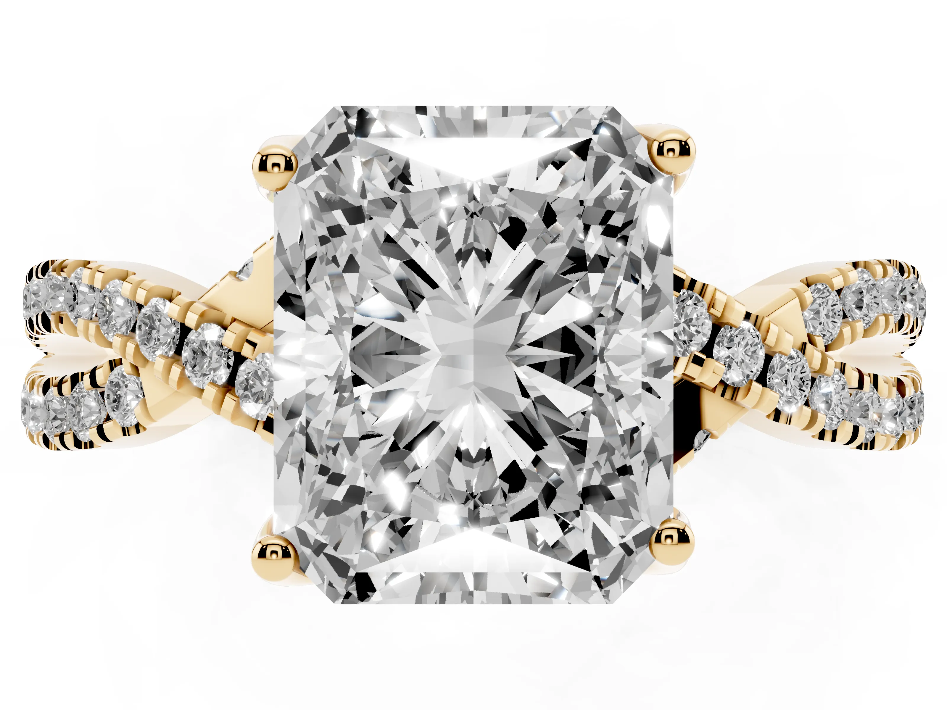 Radiant Cut Diamond Twist Pavé Solitaire Engagement Ring Set in Yellow gold with Prong Setting
