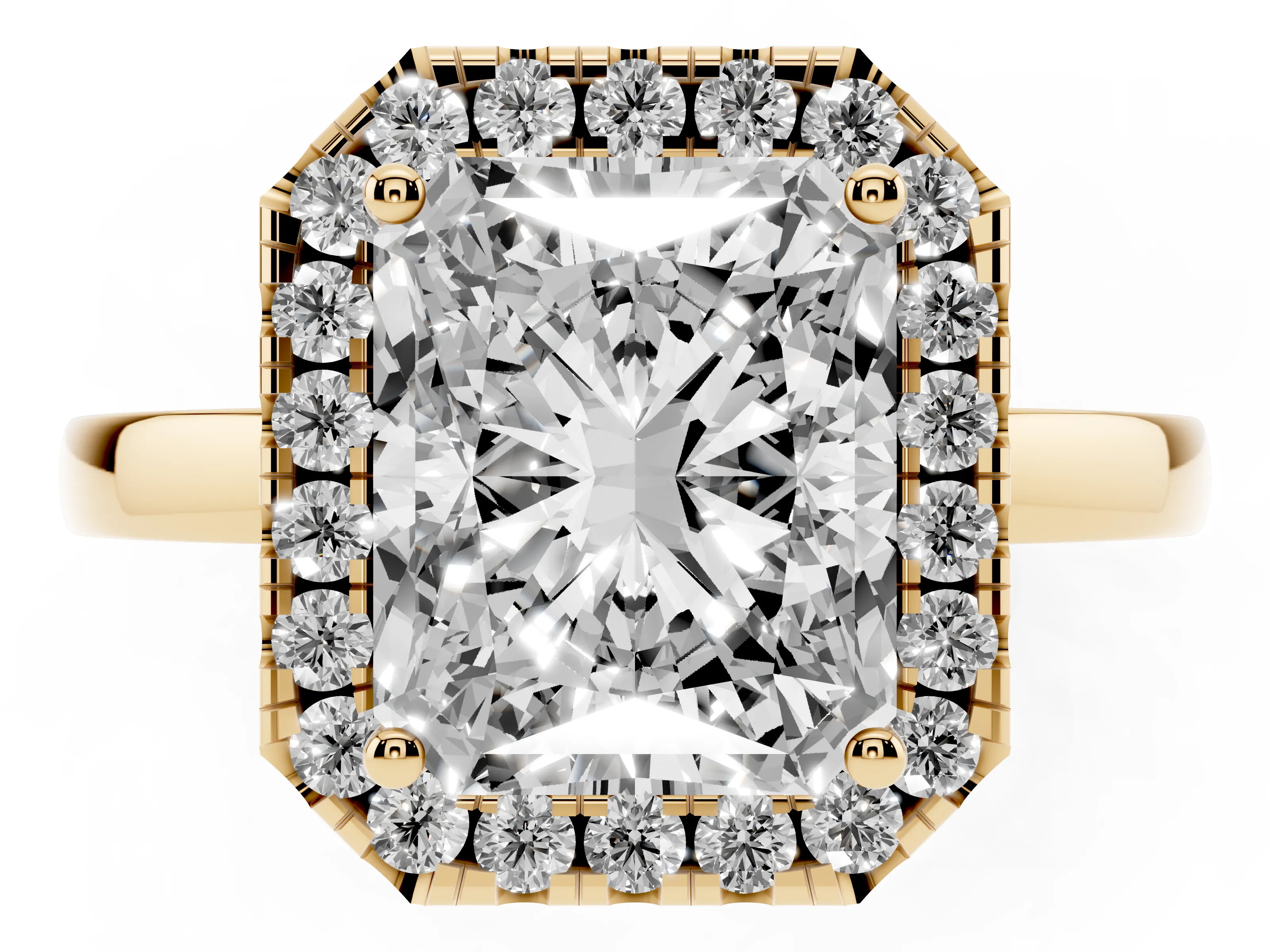 Radiant Cut Diamond Halo Solitaire Ring Set in Yellow gold with Pavé Band and Prong Setting
