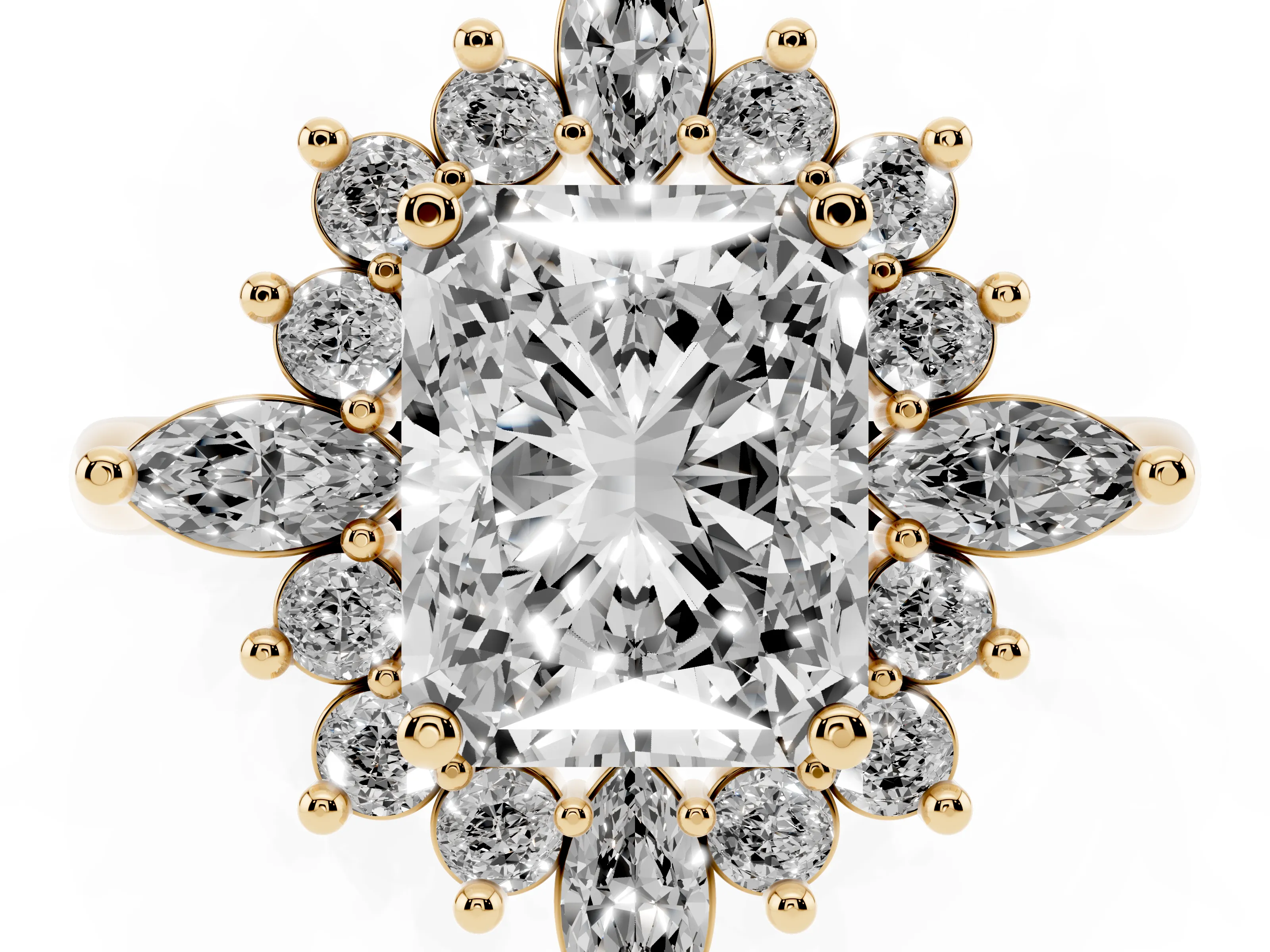 Radiant Cut Diamond Cluster Halo Ring Set in Yellow gold with Marquise and Round Accents