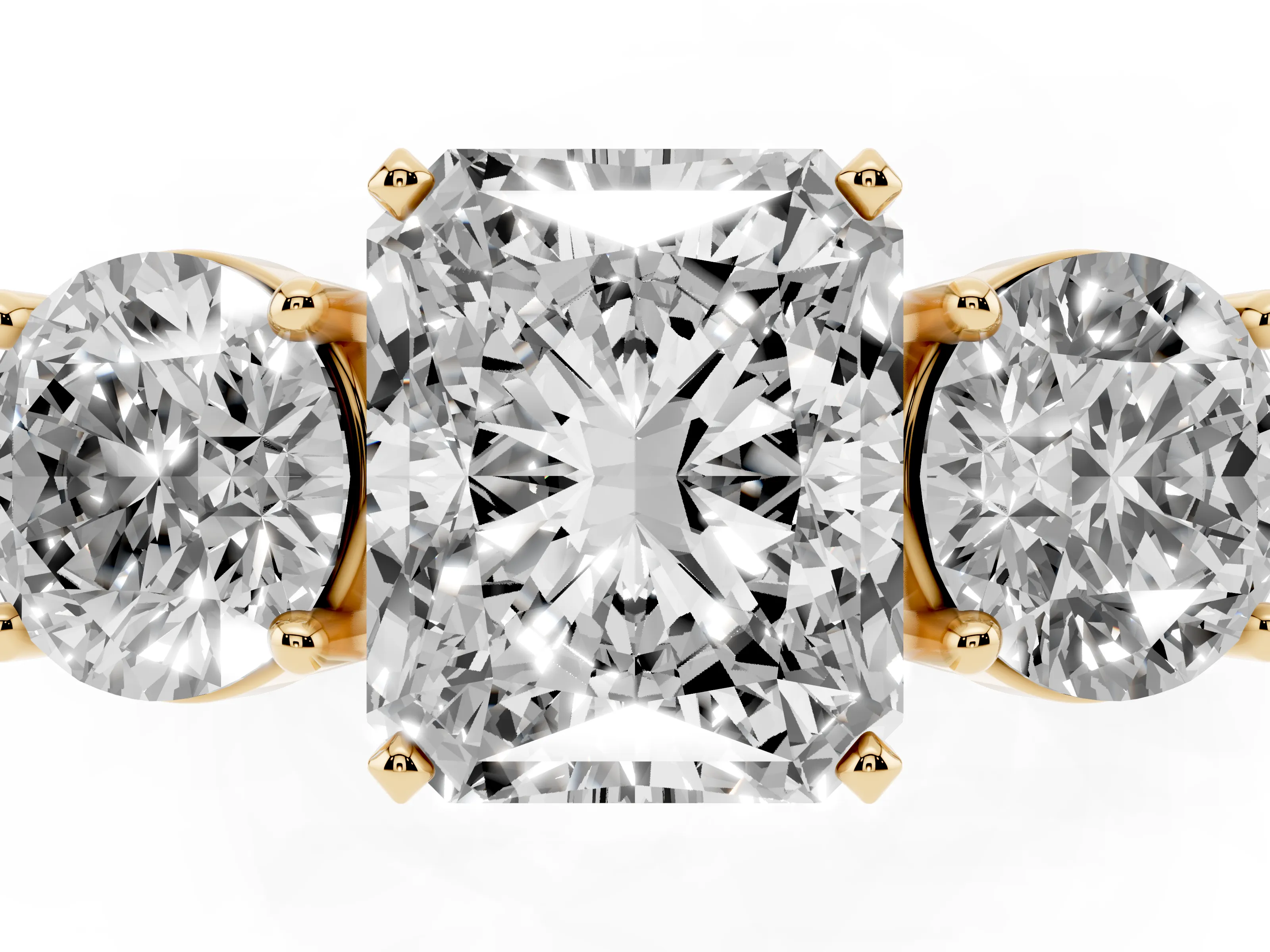 Radiant Cut Diamond Three-Stone Ring Set in Yellow gold with Round Side Stones and Classic Band