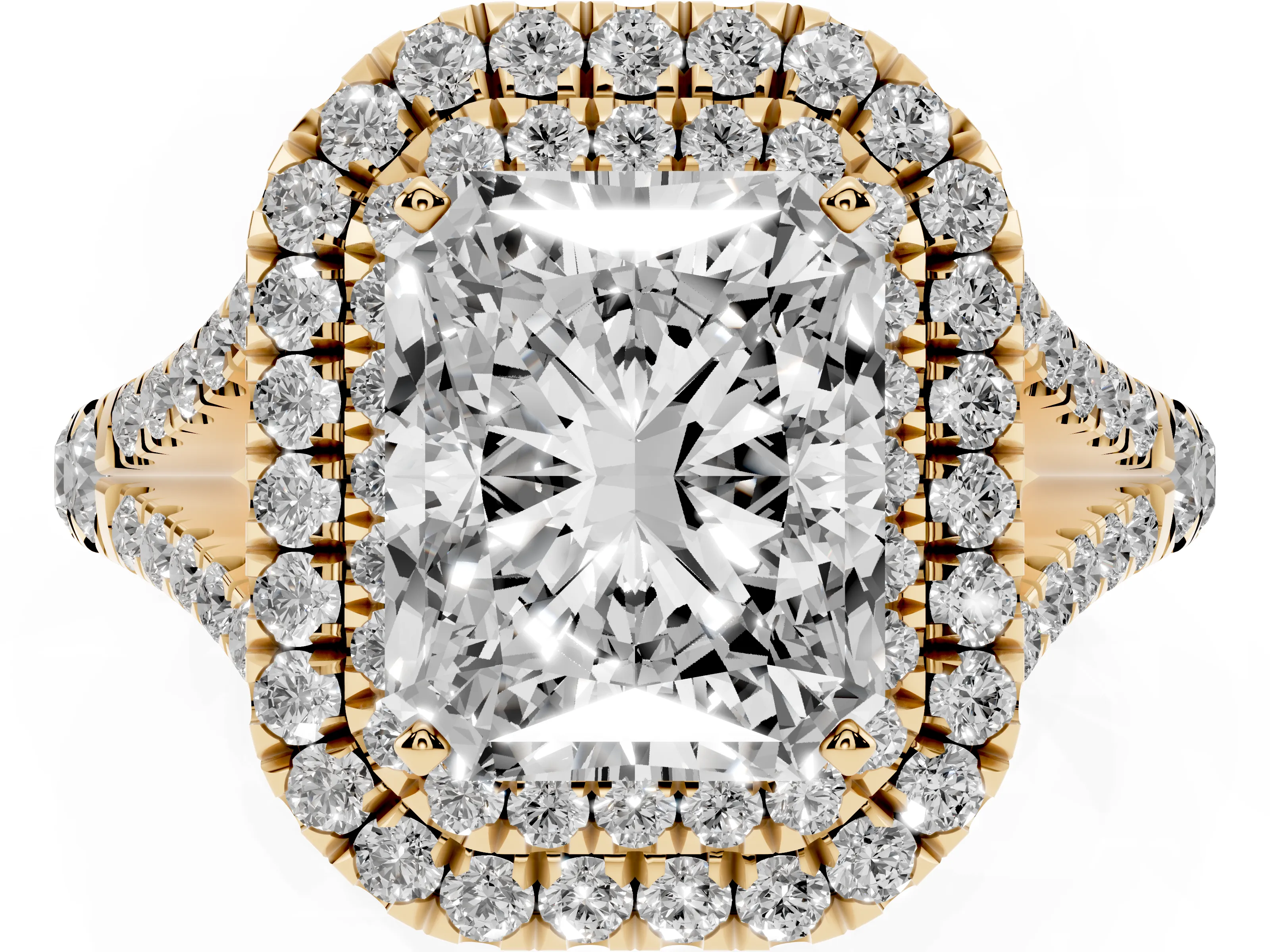Radiant Cut Diamond Pavé Split Shank Double Halo Engagement Ring Set in Yellow gold