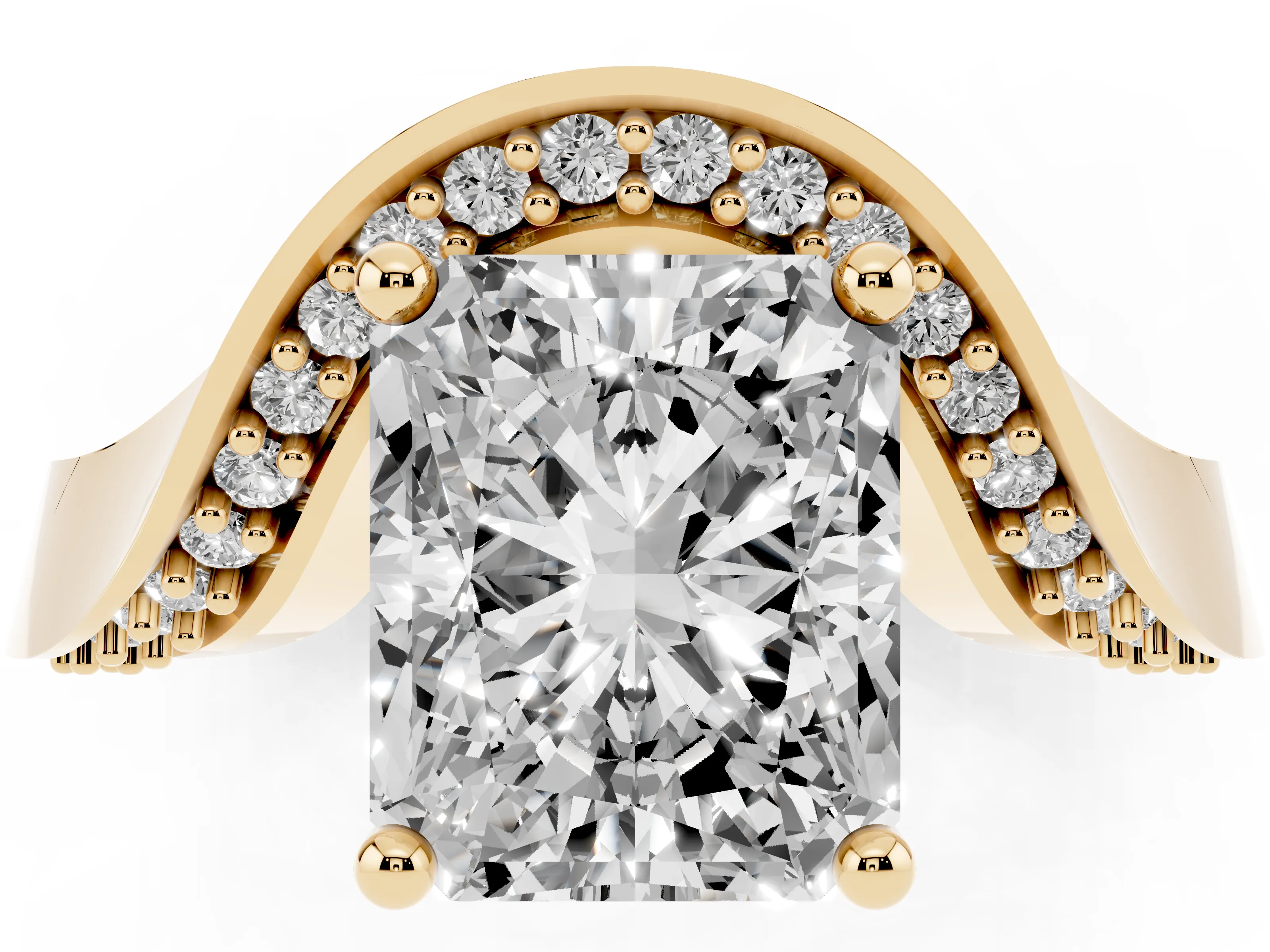 Radiant Cut Diamond Solitaire Engagement Ring Set in Yellow gold with Pavé Shoulders