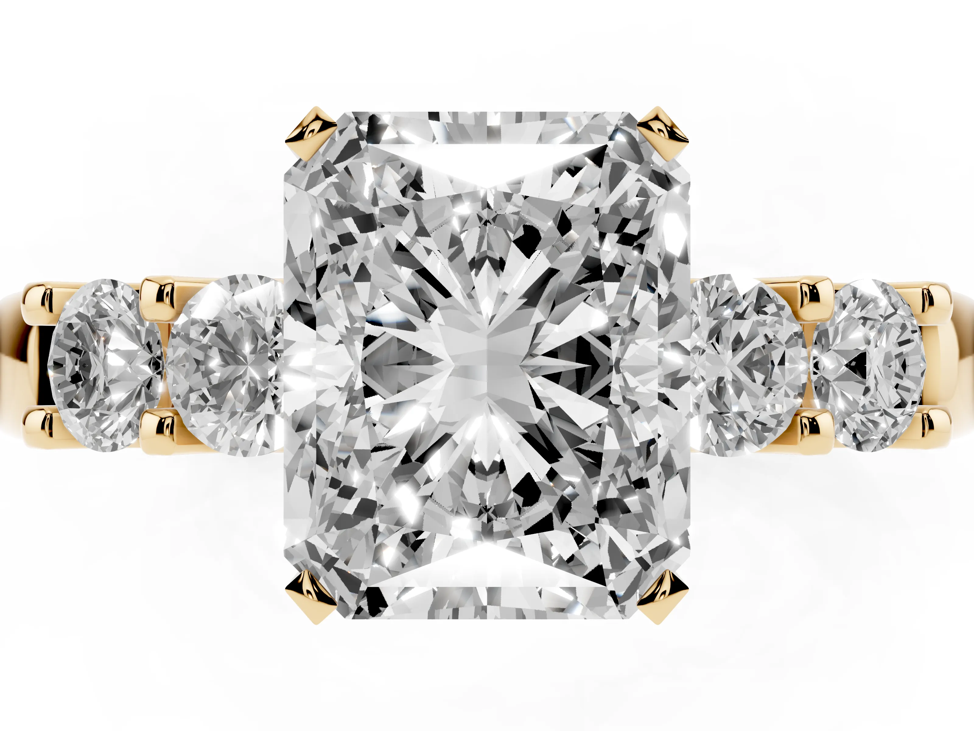 Radiant Cut Diamond Five-Stone Prong Set Engagement Ring Set in Yellow gold with Channel Band
