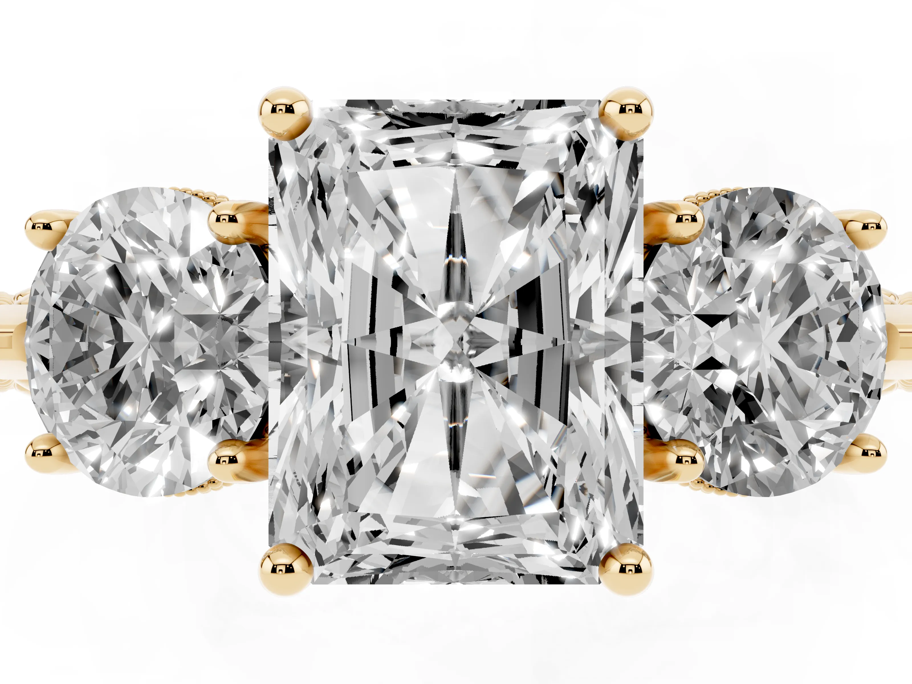 Radiant Cut Diamond Three-Stone Ring Set in Yellow gold with Milgrain Band
