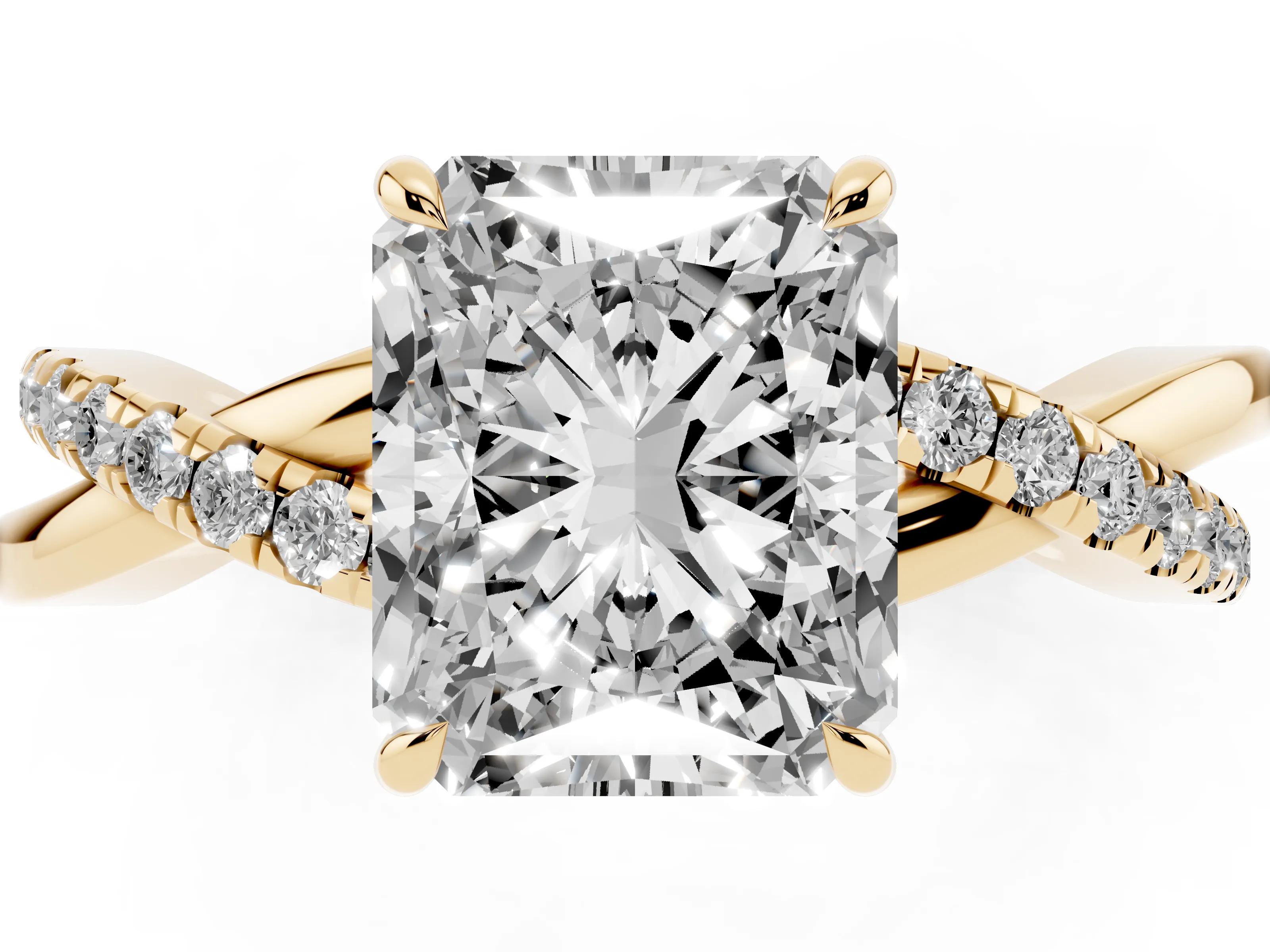 Radiant Cut Diamond Twisted Pavé Band Ring Set in Yellow gold with Prong Setting