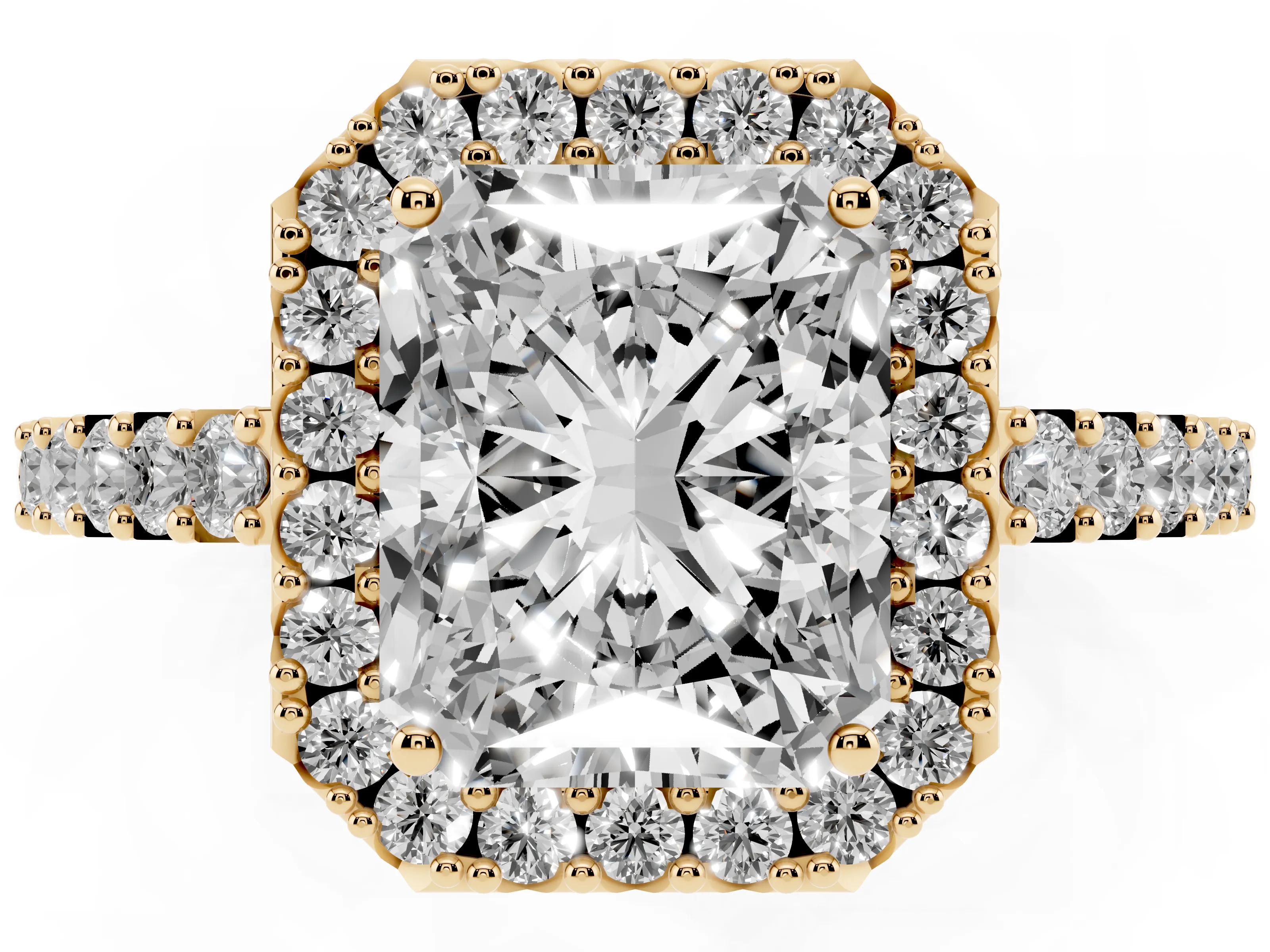 Radiant Cut Diamond Halo Pavé Solitaire Ring Set in Yellow gold with Prong-Set Center Stone