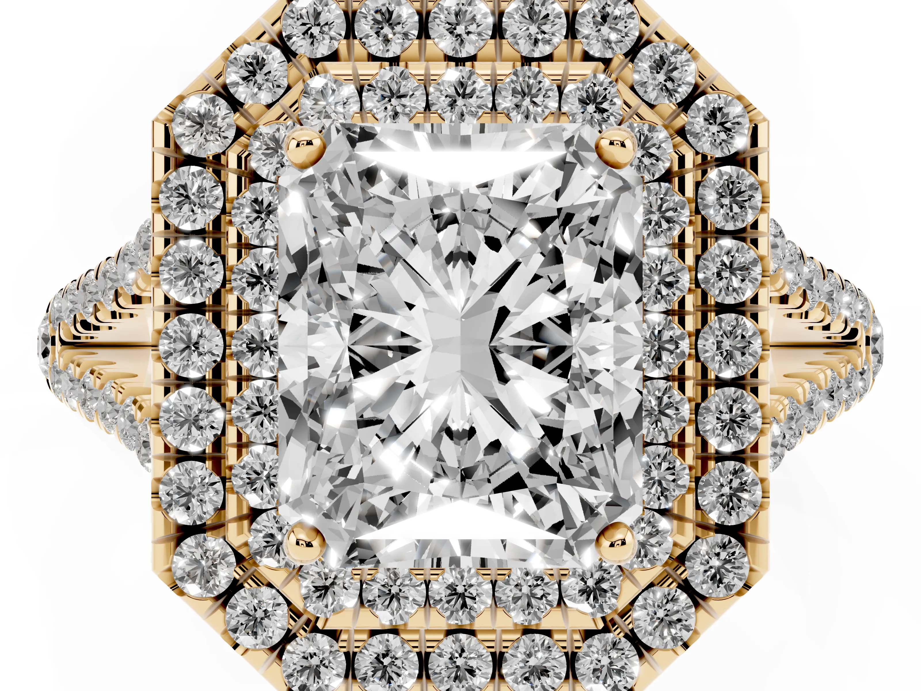 Radiant Cut Diamond Double Halo Ring Set in Yellow gold with Pavé Band