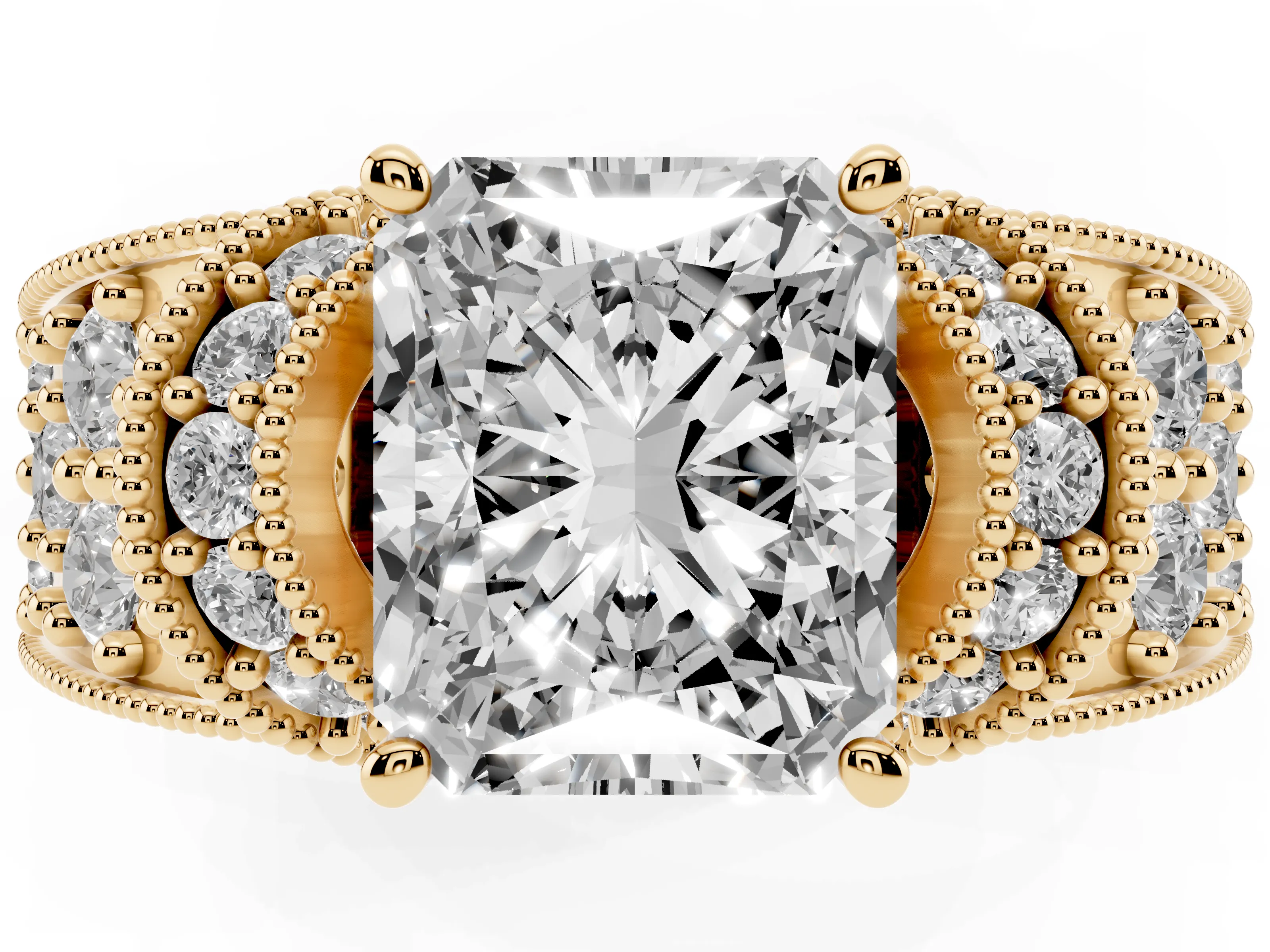 Radiant Cut Diamond Milgrain Halo Pavé Engagement Ring Set in Yellow gold with Prong Setting