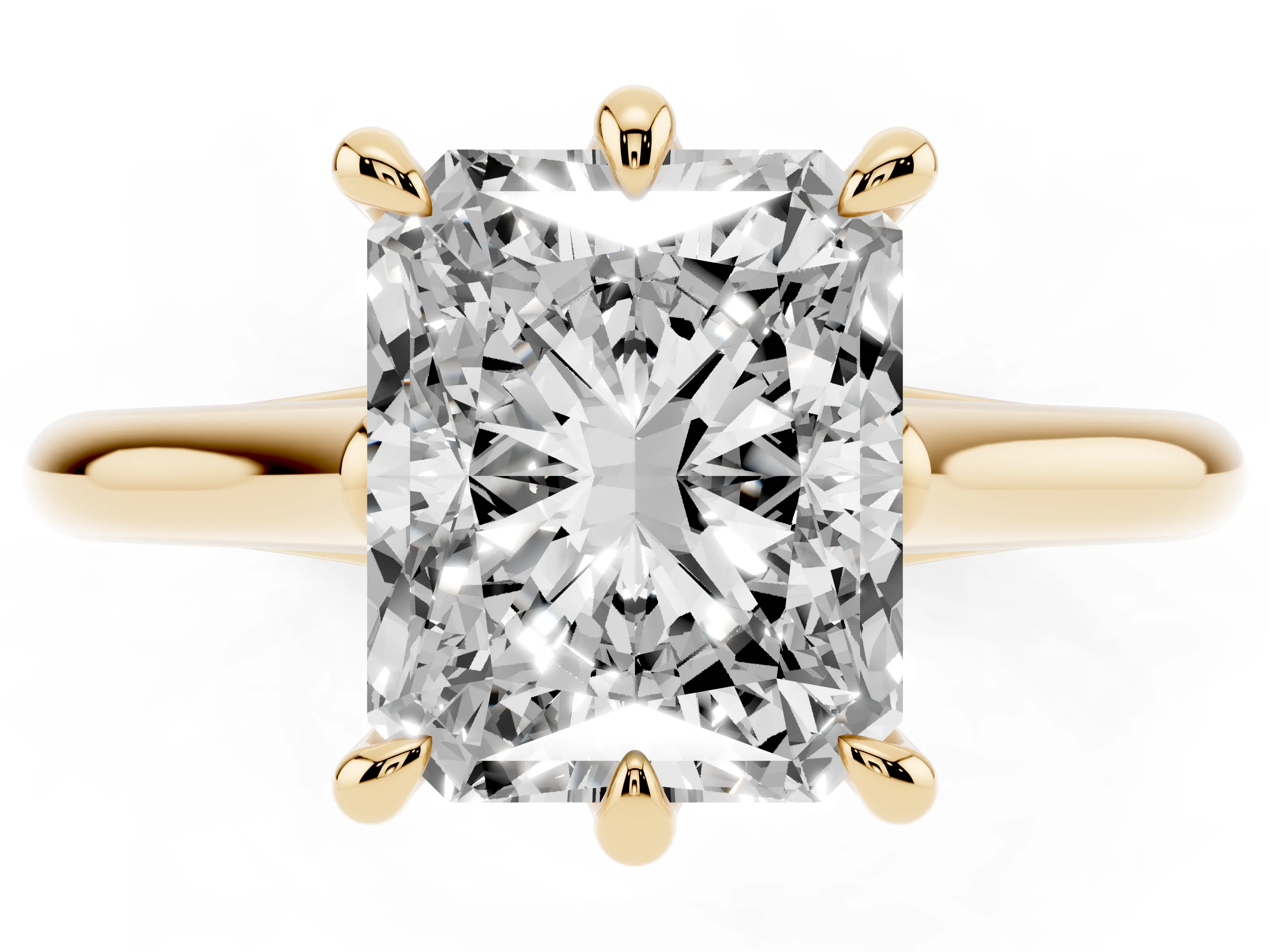 Radiant Cut Diamond Solitaire Engagement Ring Set in Yellow gold with Prong Setting and Plain Classic Band