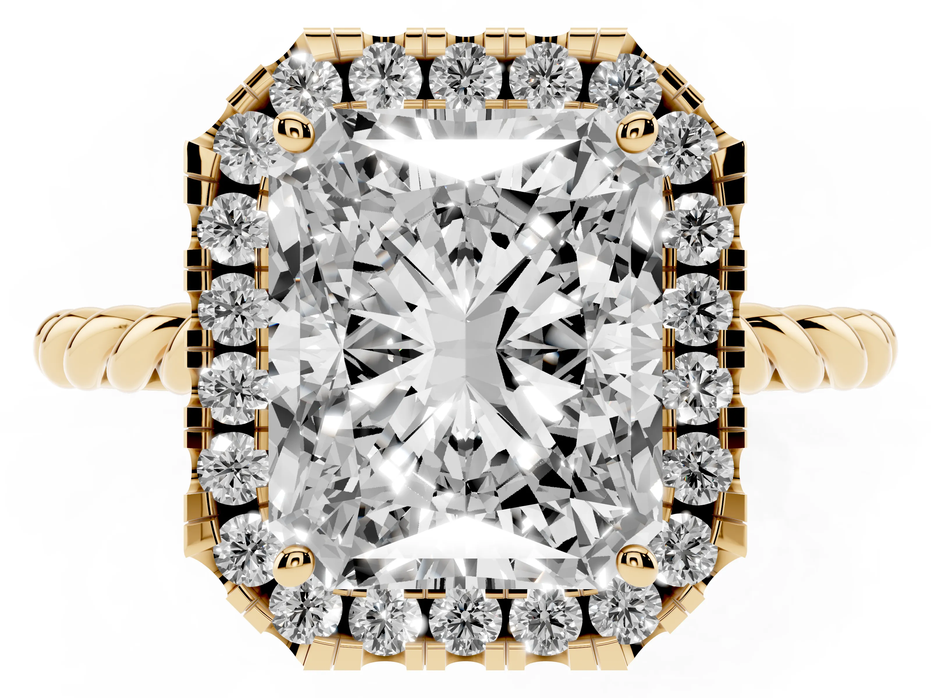 Radiant Cut Diamond Halo Ring Set in Yellow gold with Plain Twisted Band