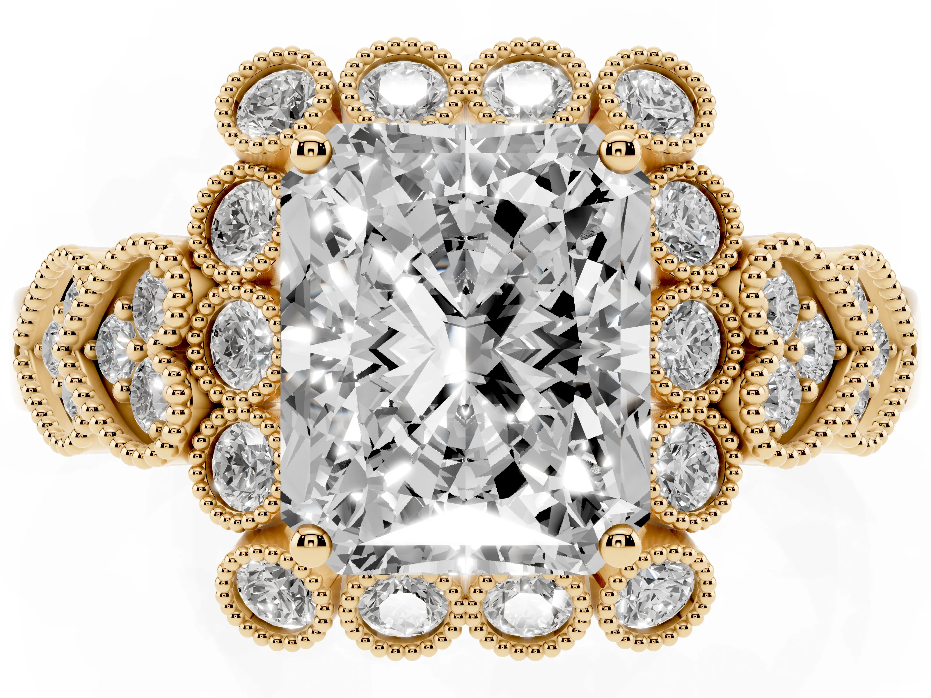 Radiant Cut Diamond Solitaire Ring Set in Yellow gold with Milgrain Pavé Heart Band