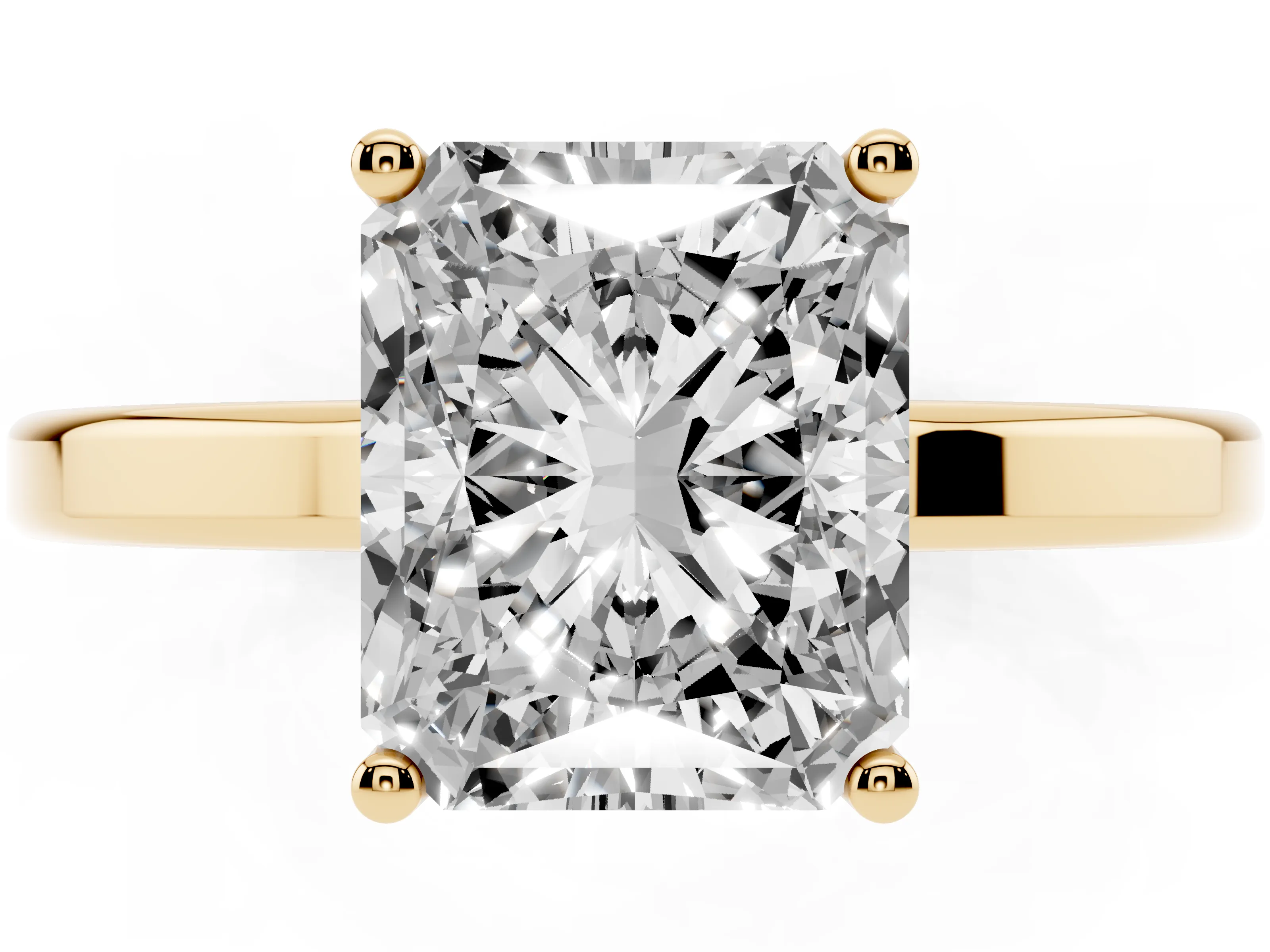Radiant Cut Diamond Solitaire Engagement Ring Set in Yellow gold with Prong Setting on a Plain Band
