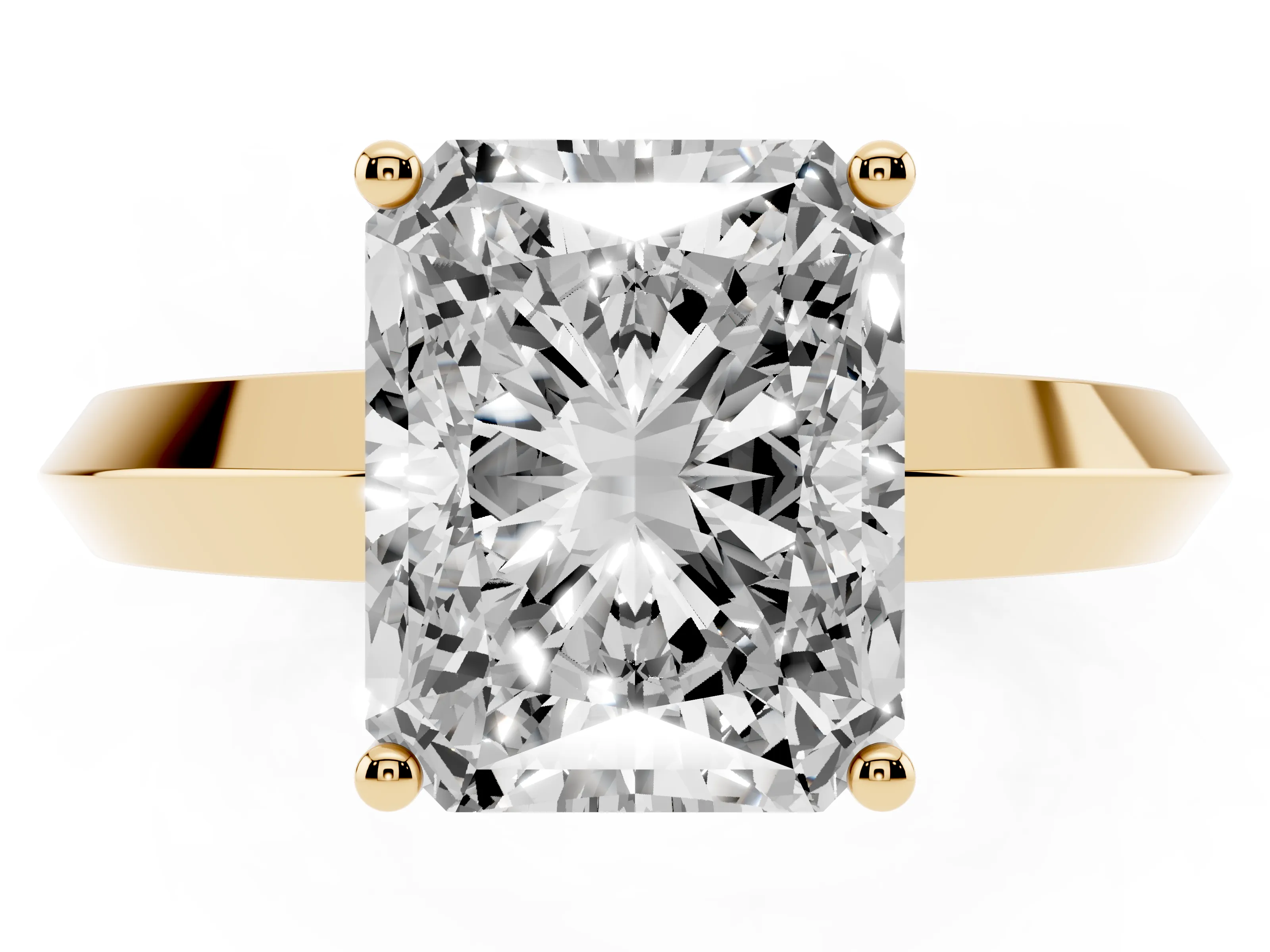 Radiant Cut Diamond Solitaire Engagement Ring Set in Yellow gold with Flat Band and Prong Setting