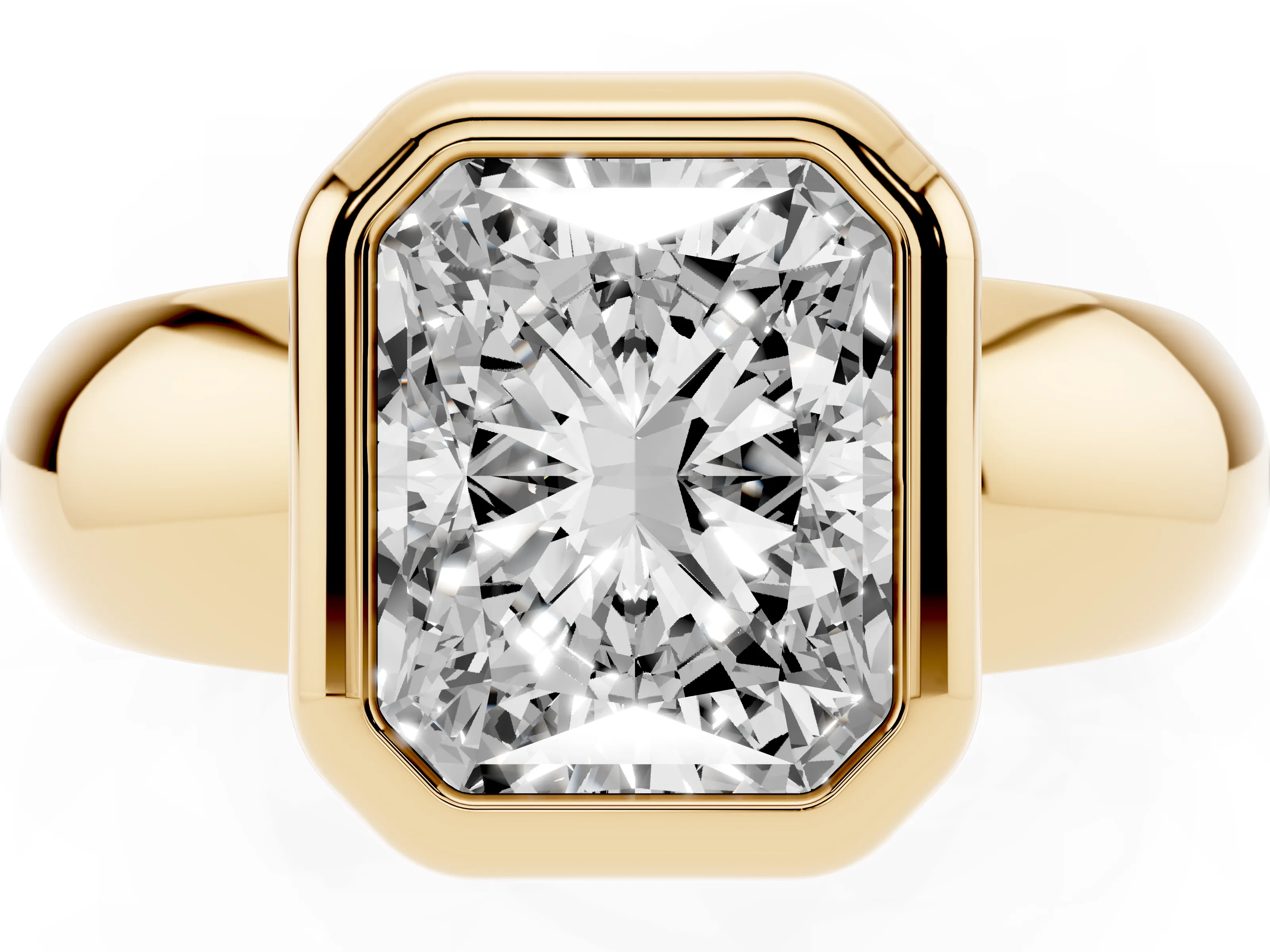 Bezel Set Radiant Cut Diamond Solitaire Ring Set in Yellow gold with Wide Band