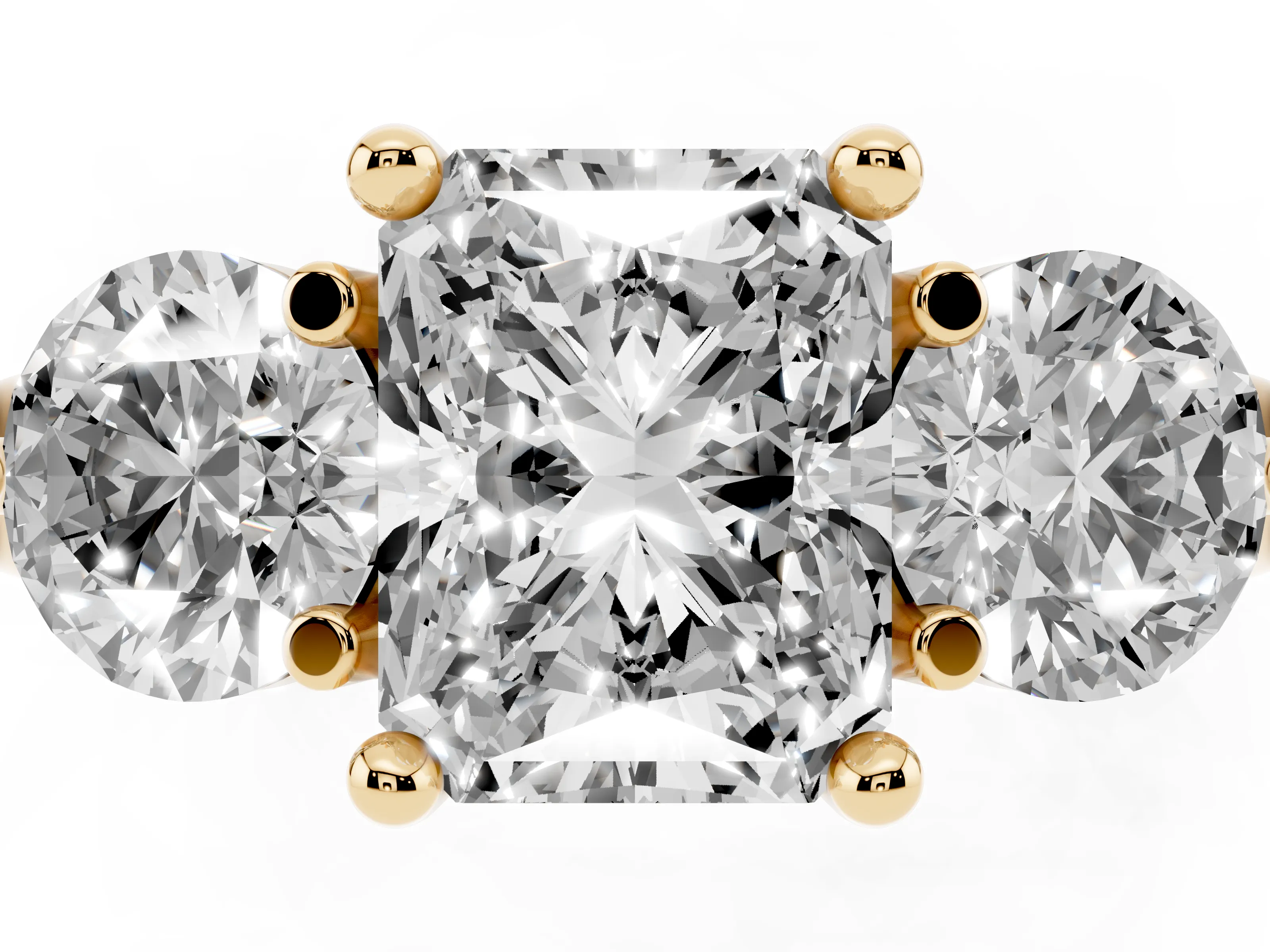 Radiant Cut Diamond Three-Stone Ring Set in Yellow gold with Prong Setting and Classic Band
