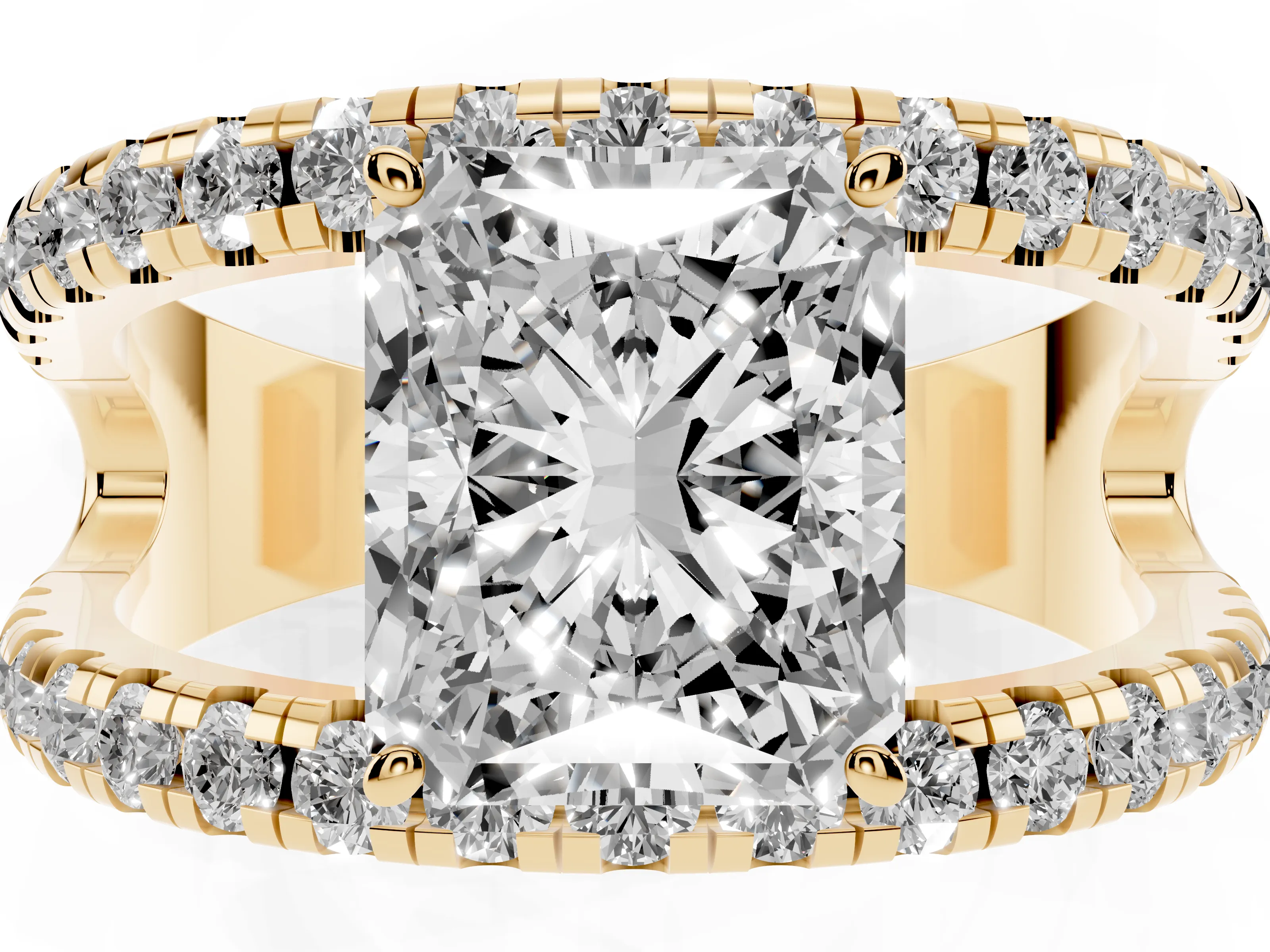 Radiant Cut Diamond Split Shank Pavé Solitaire Ring Set in Yellow gold with Open Shank Design