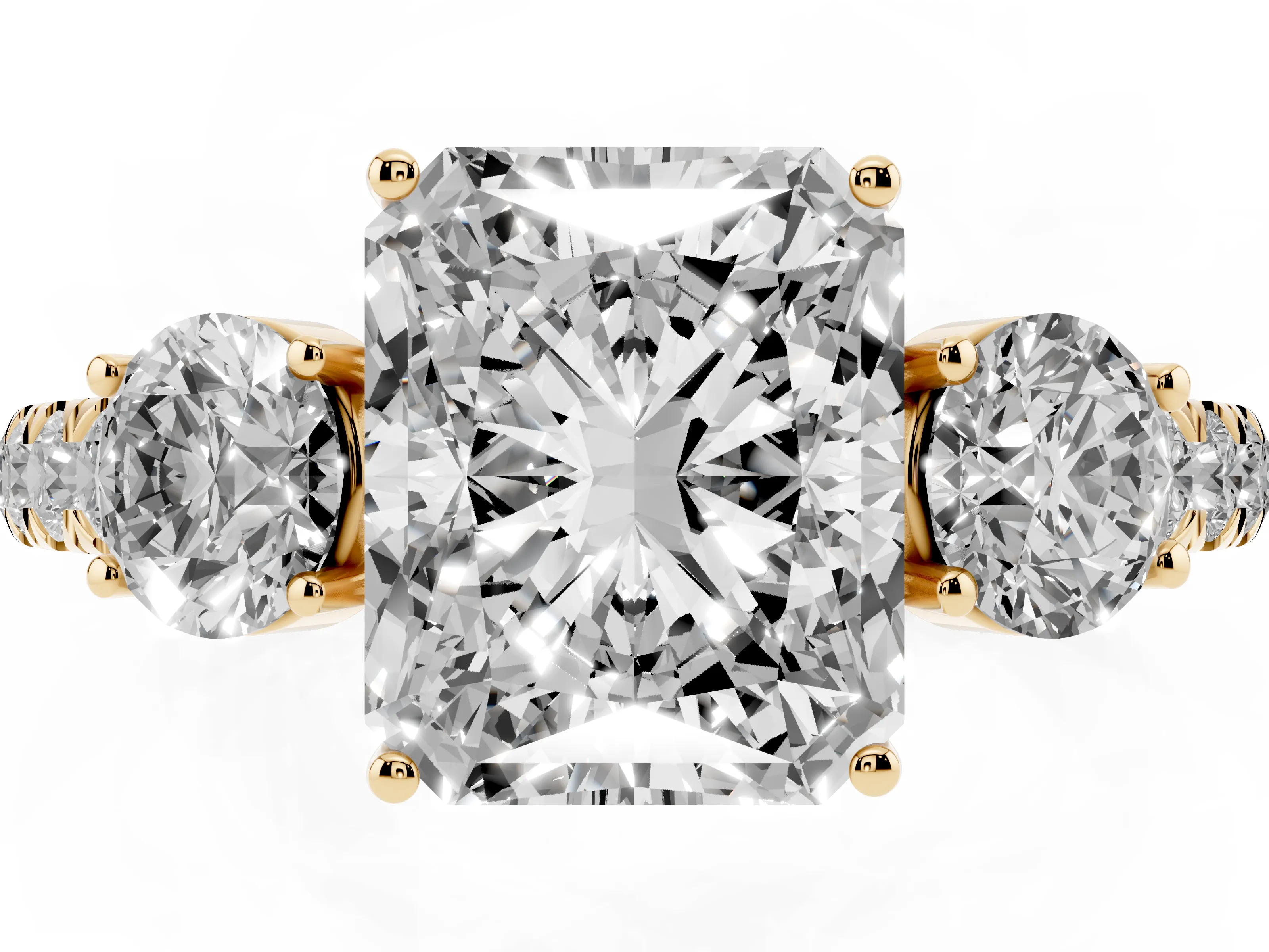 Radiant Cut Diamond Three-Stone Ring Set in Yellow gold with Round Side Stones and Delicate Pavé Band