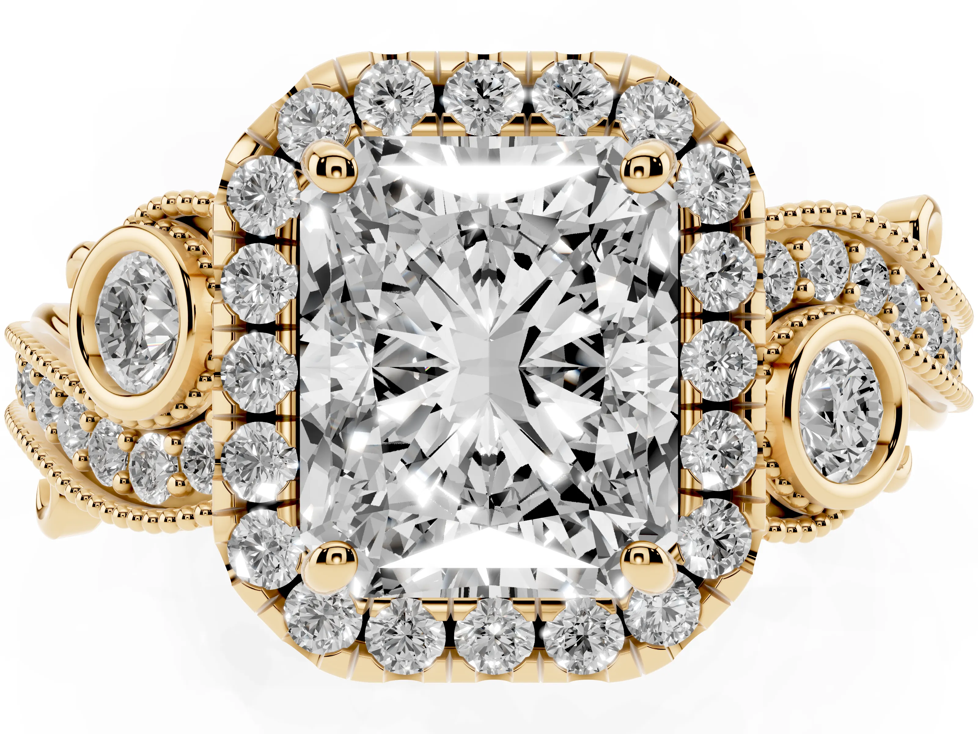 Radiant Cut Diamond Halo Ring Set in Yellow gold with Milgrain Pavé Band and Prong Setting