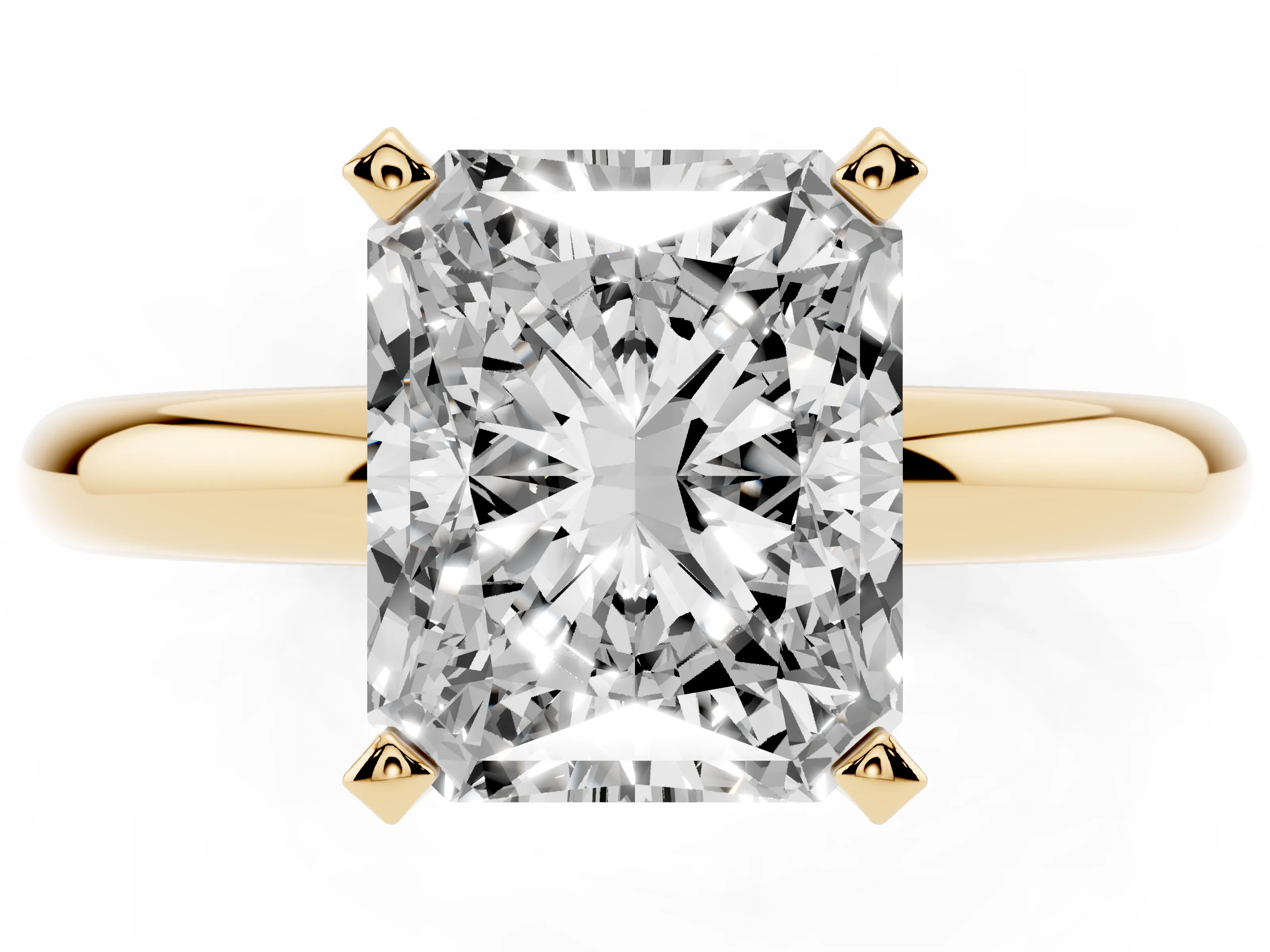 Radiant Cut Diamond Solitaire Engagement Ring Set in Yellow gold with Round Band and Prong Setting