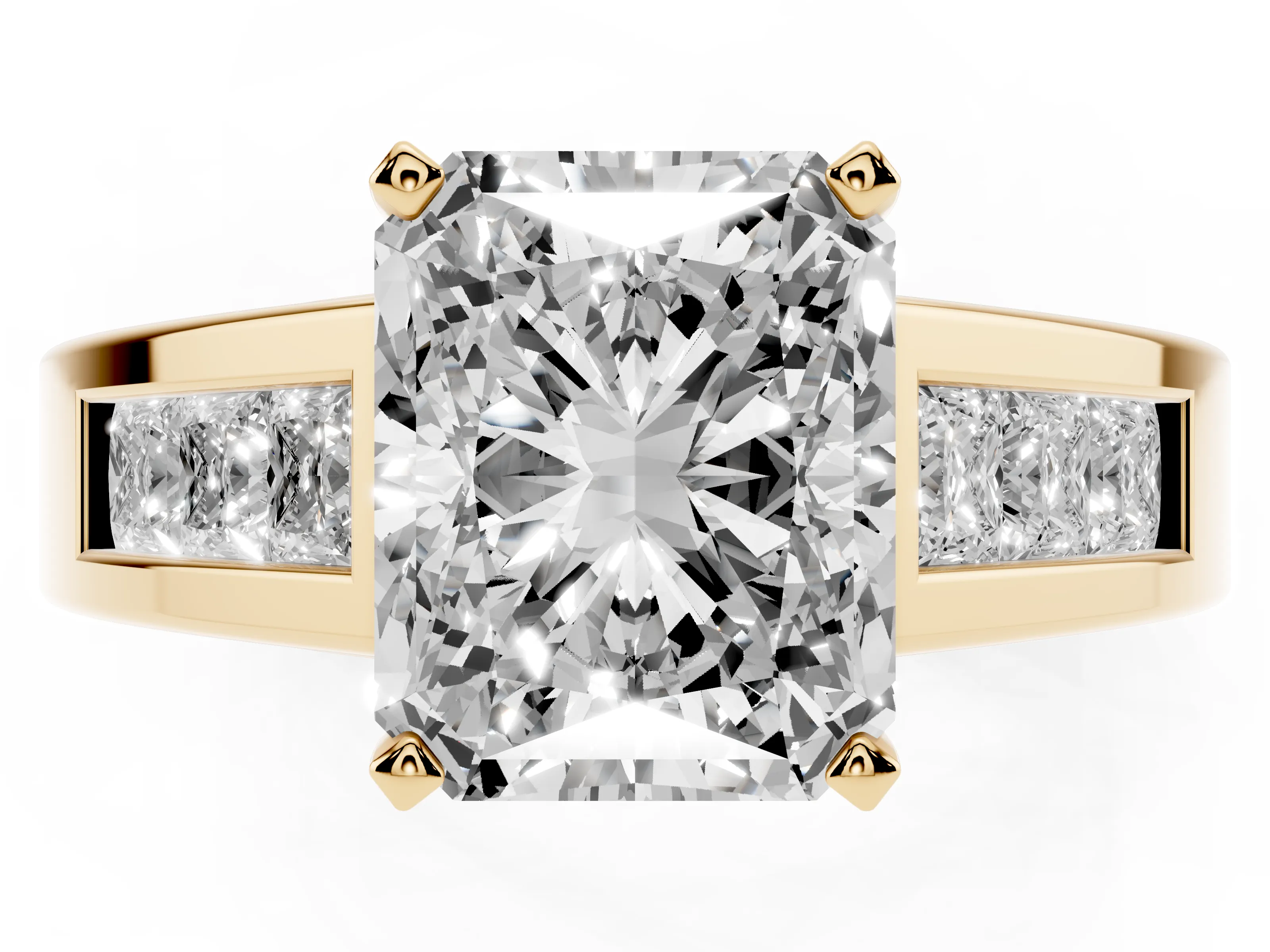 Radiant Cut Diamond Solitaire Ring Set in Yellow gold with Channel-Set Accent Stones and Prong Setting