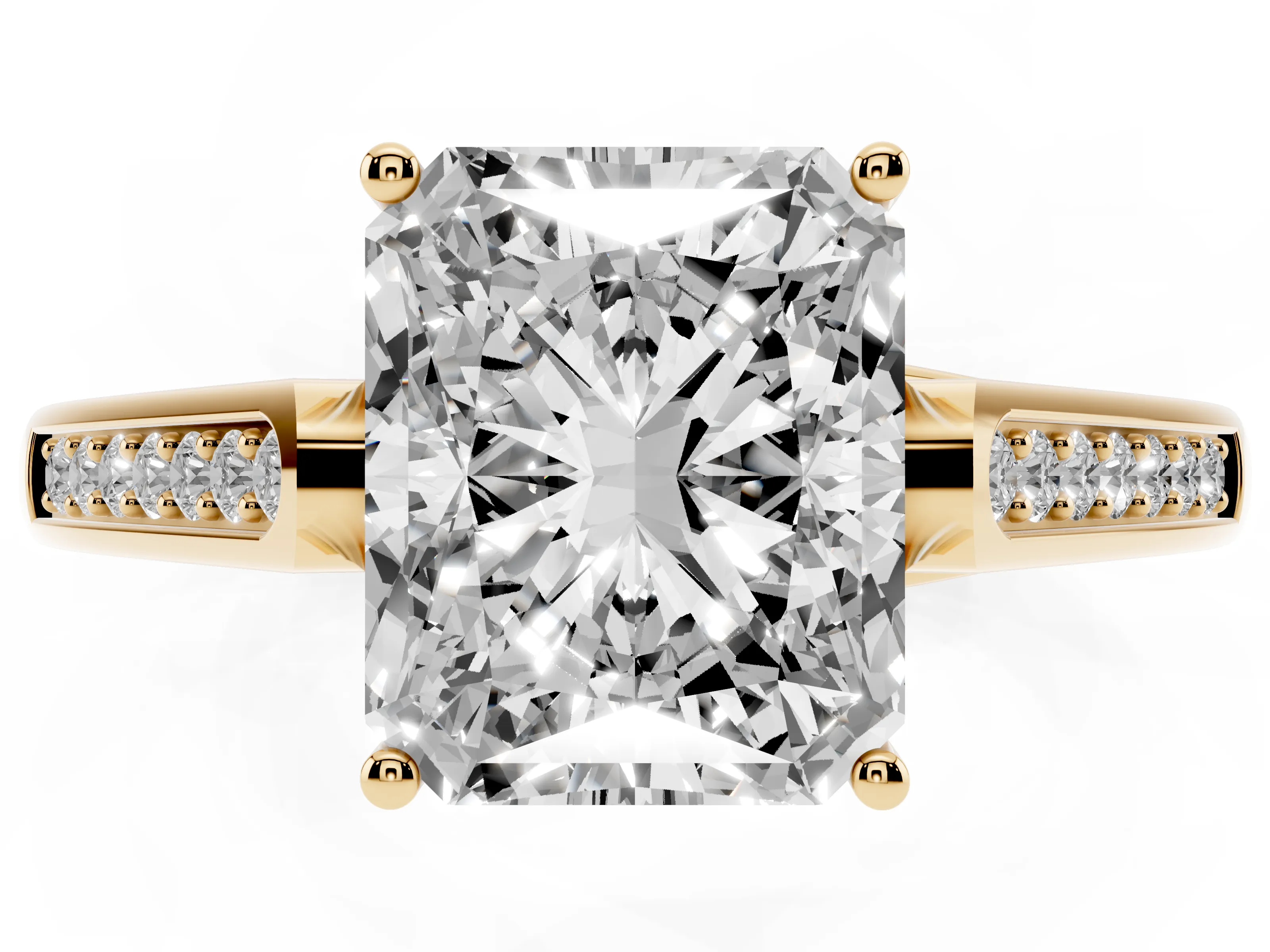 Radiant Cut Diamond Solitaire Cathedral Engagement Ring Set in Yellow gold with Channel-Set Band and Prong Setting