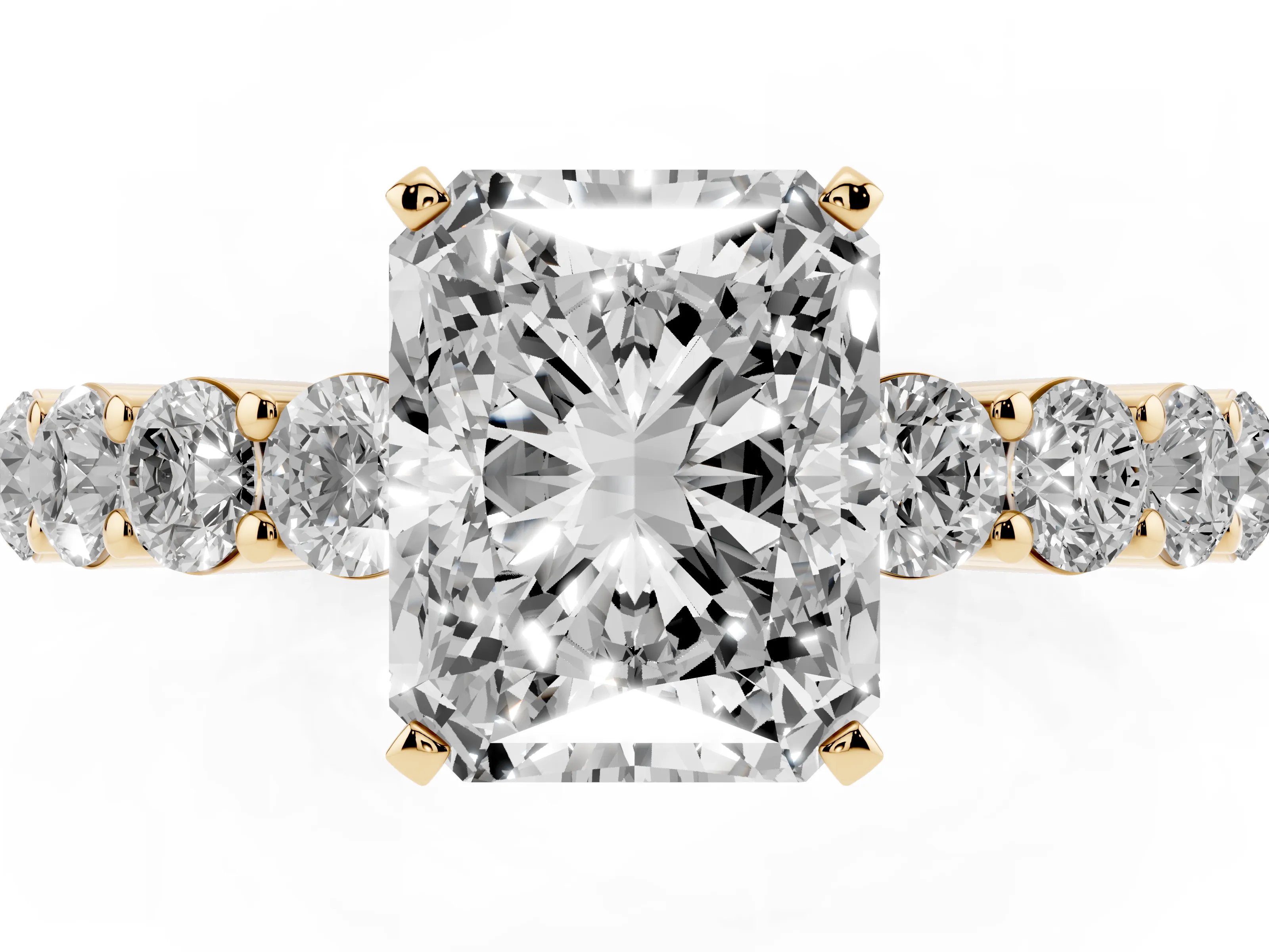 Radiant Cut Diamond Solitaire Ring Set in Yellow gold with Shared Prong Round Side Stones