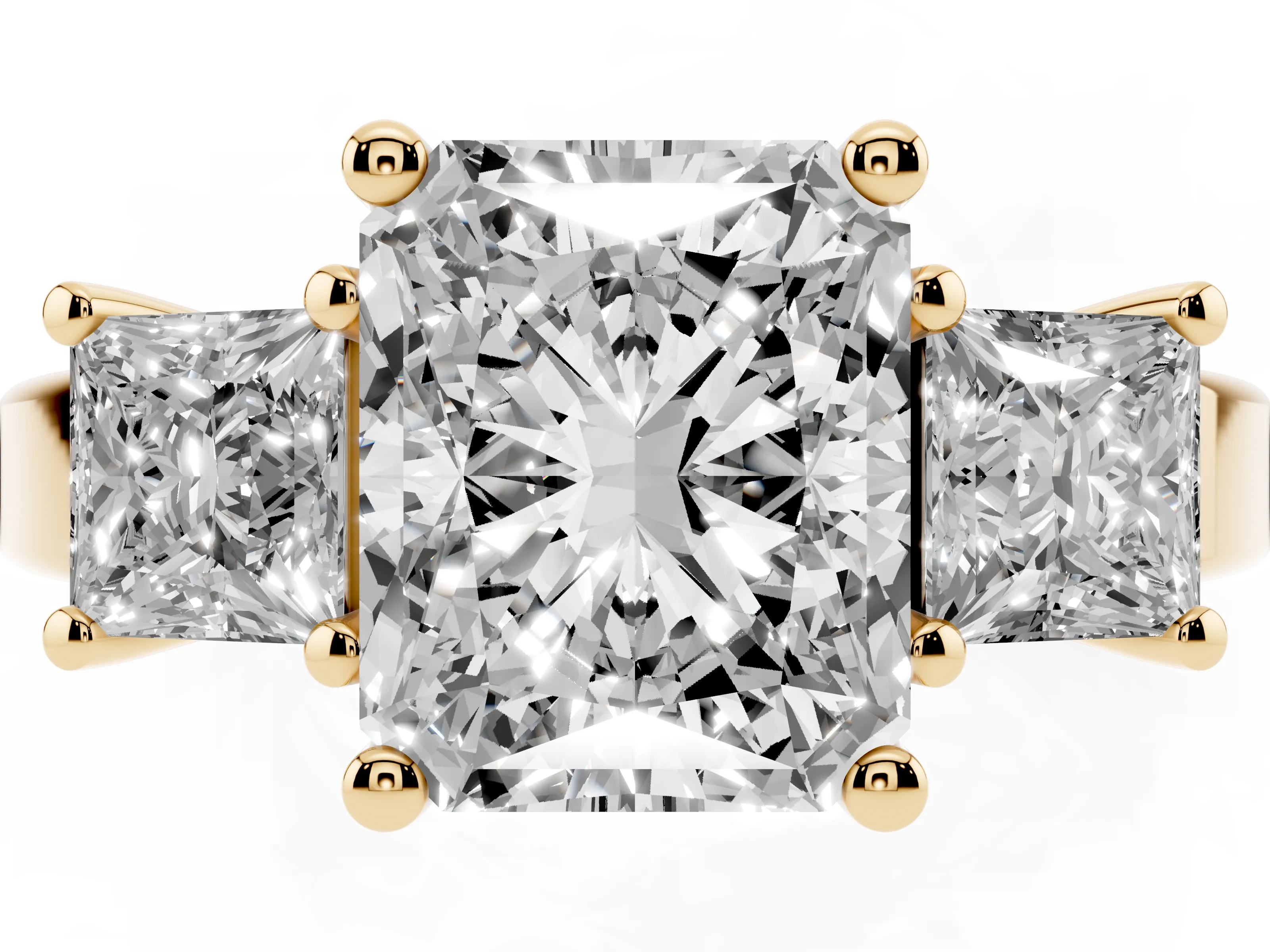 Three-Stone Radiant Cut Diamond Solitaire Ring Set in Yellow gold with Prong Setting
