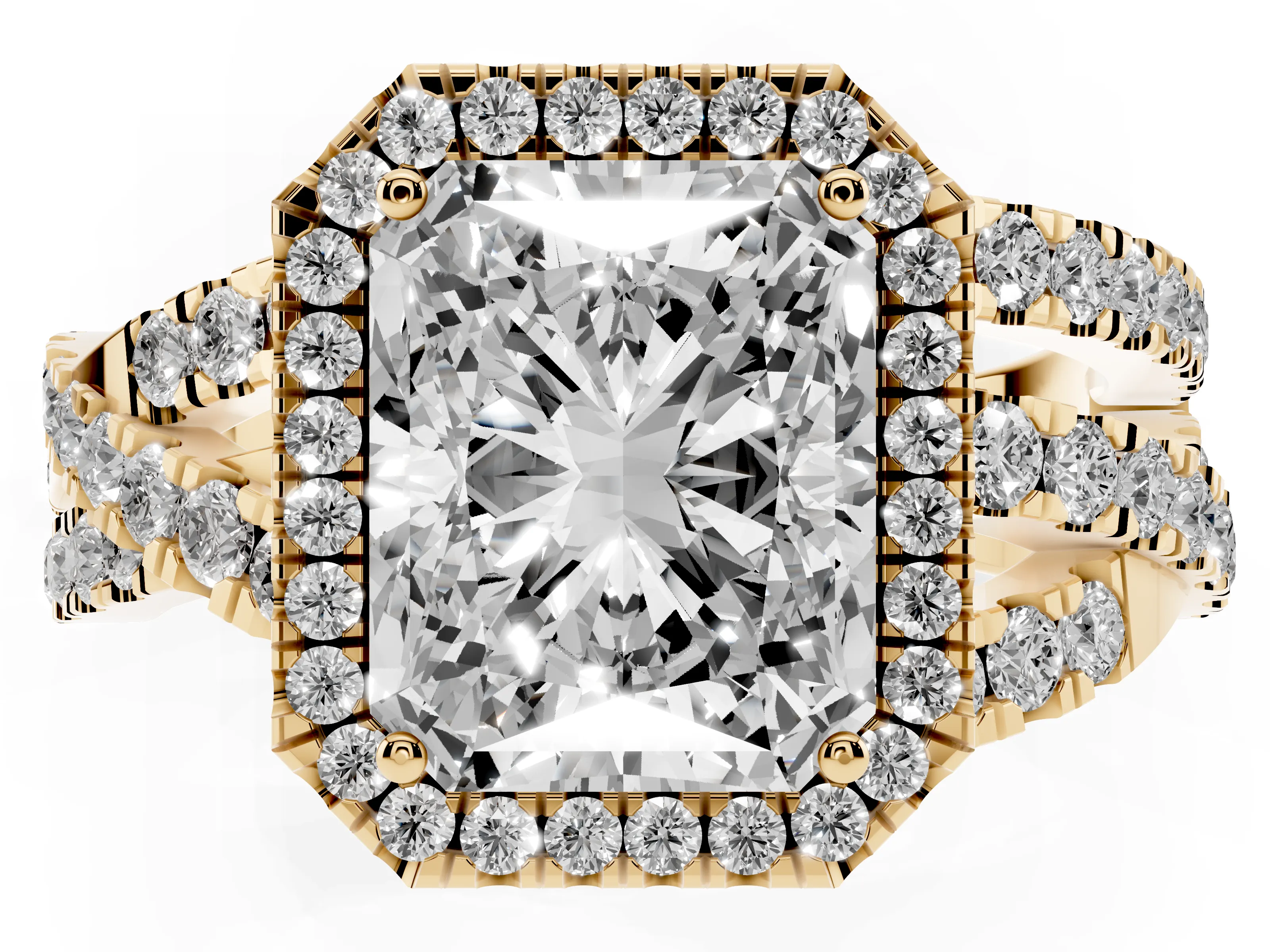 Radiant Cut Diamond Halo Ring Set in Yellow gold with Round Crossover Split Shank and Prong Setting