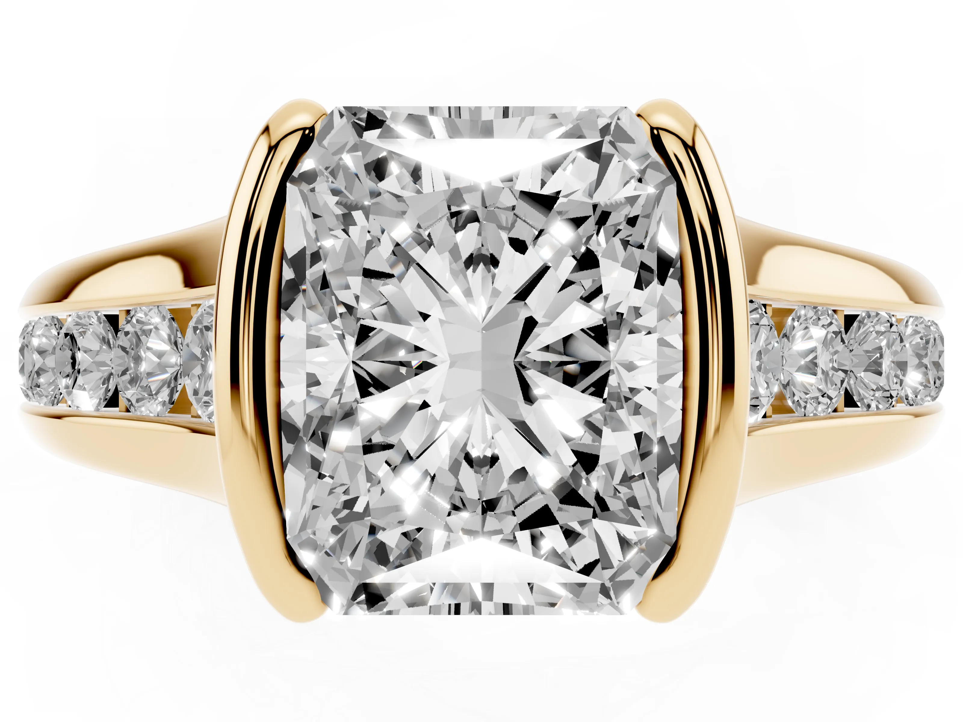 Radiant Cut Diamond Bezel-Set Solitaire Ring Set in Yellow gold with Channel-Set Band