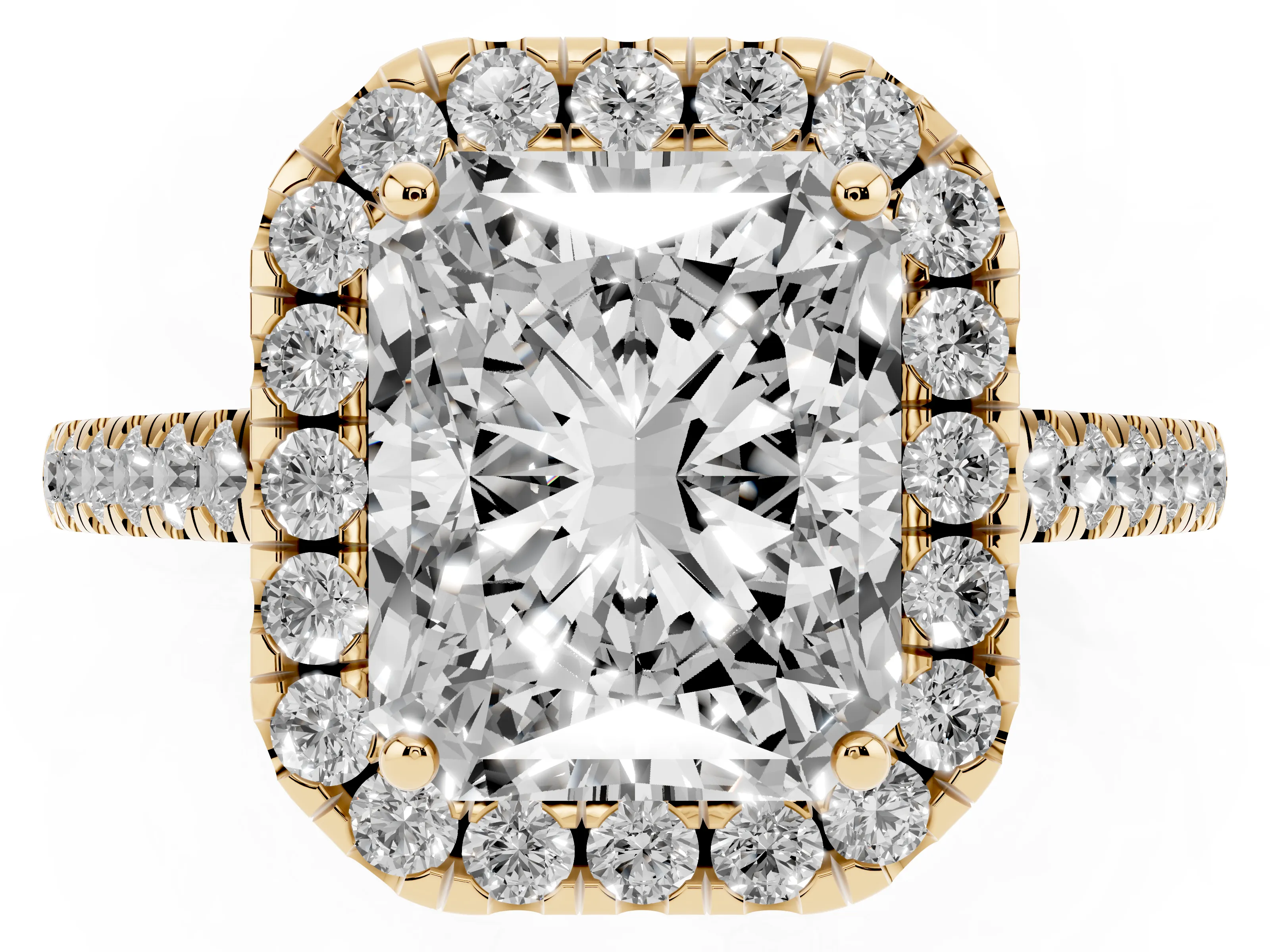 Radiant Cut Diamond Pavé Halo Engagement Ring Set in Yellow gold with Pavé Band and Prong Setting