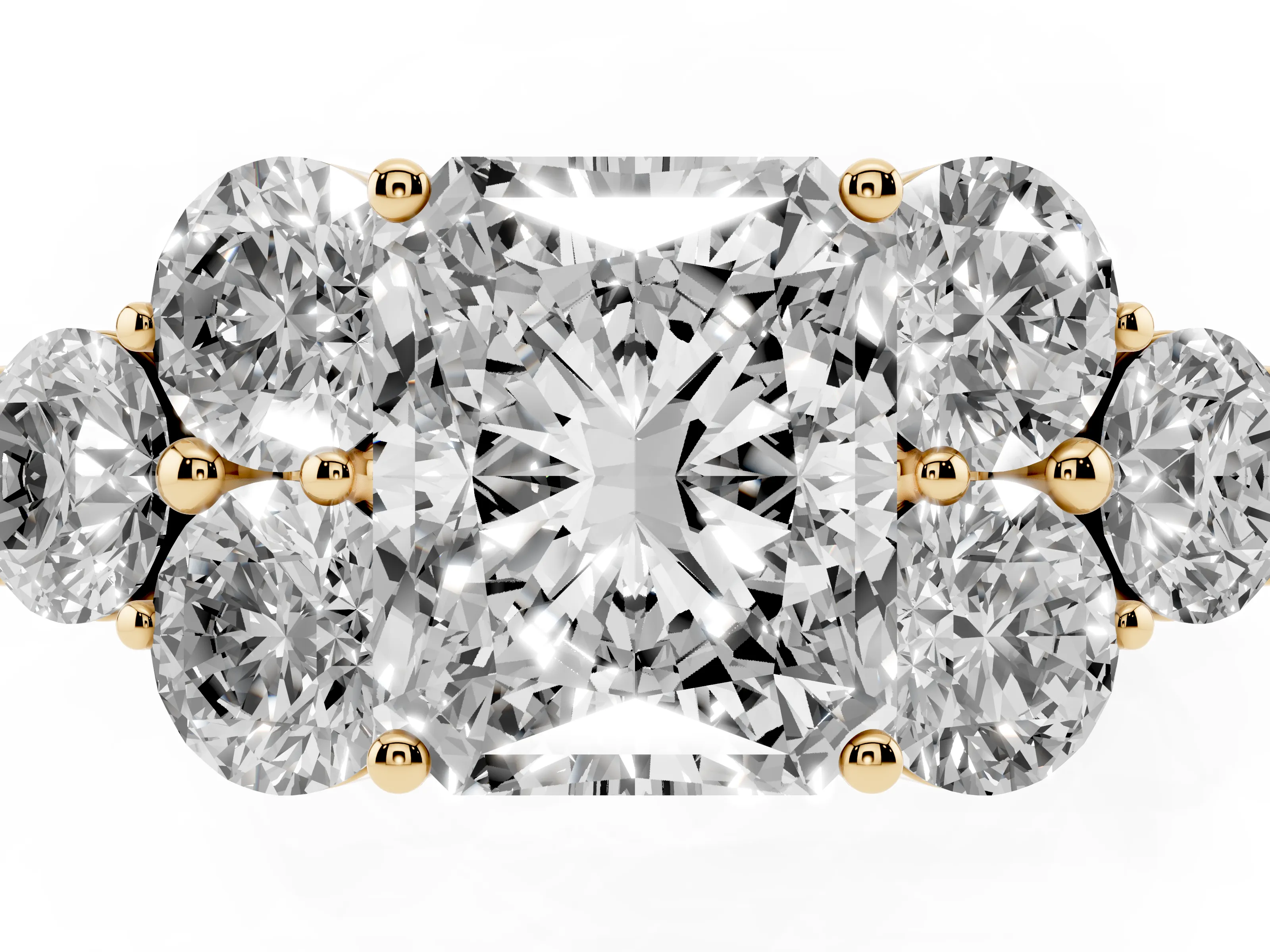 Radiant Cut Diamond Cluster Ring Set in Yellow gold with Round Accent Stones and Prong Setting on a Plain Band
