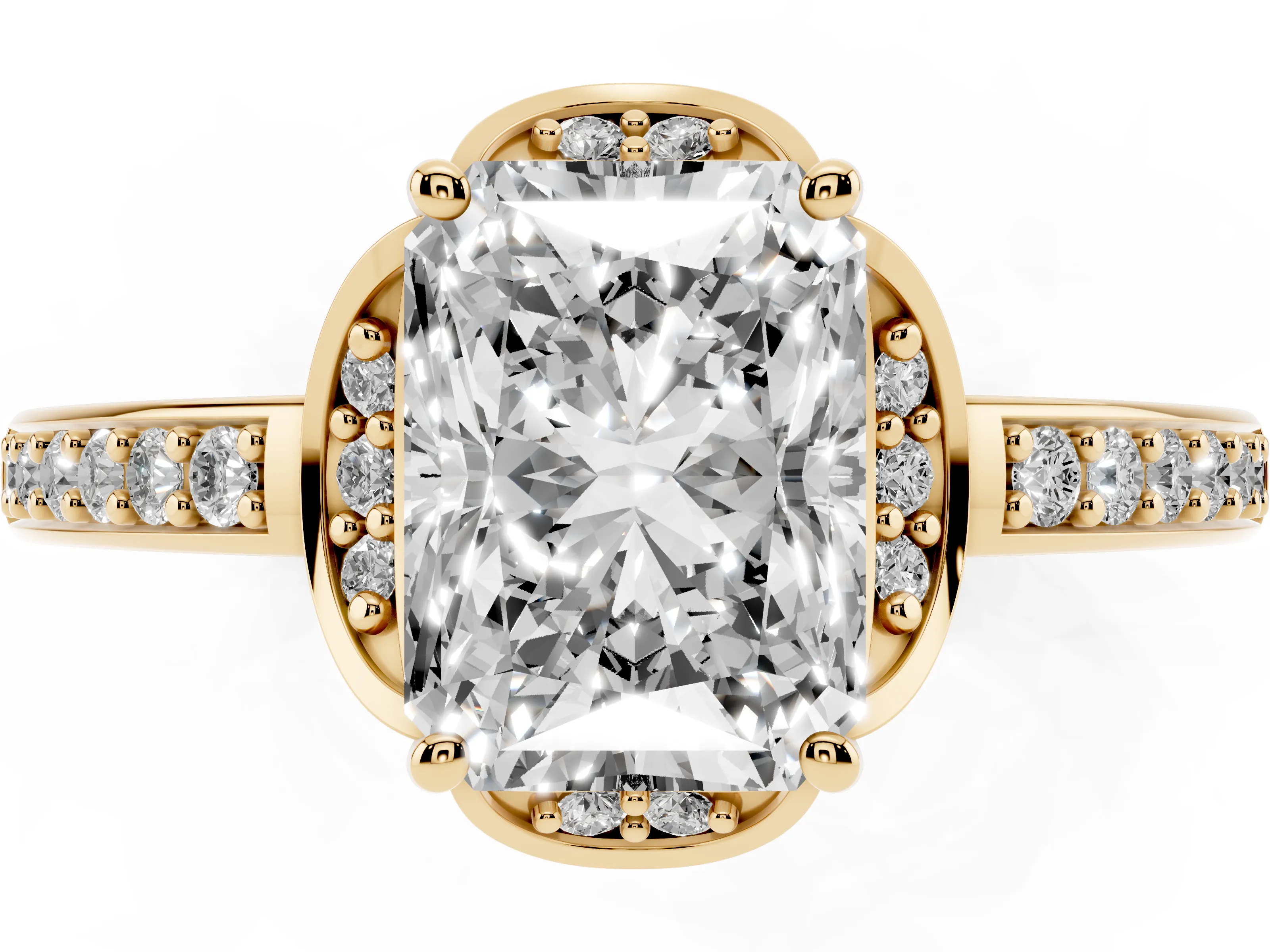 Radiant Cut Diamond Halo Ring Set in Yellow gold with Channel Set Band and Prong Setting