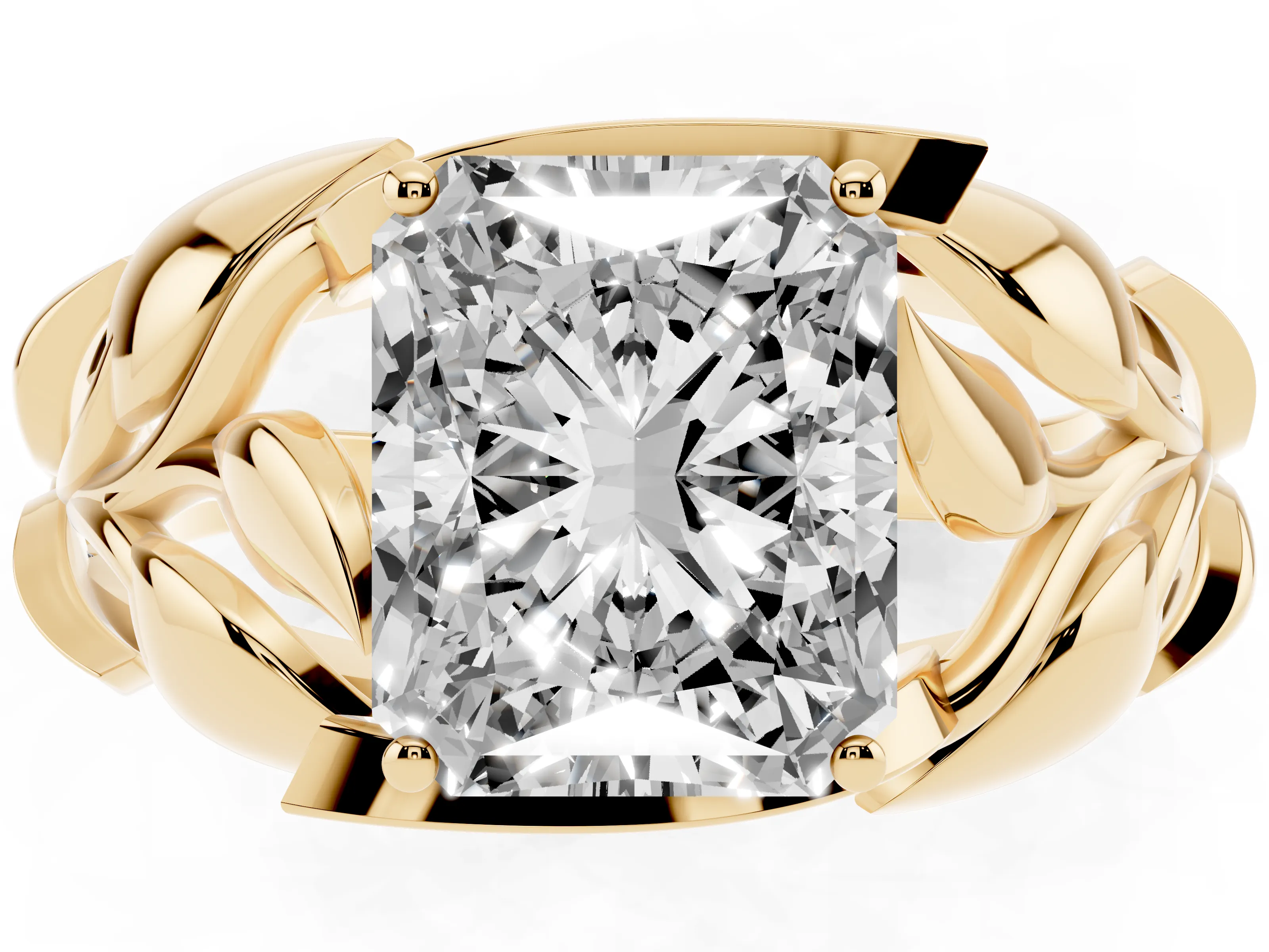 Radiant Cut Diamond Leaf-Inspired Engagement Ring Set in Yellow gold with Round Accents