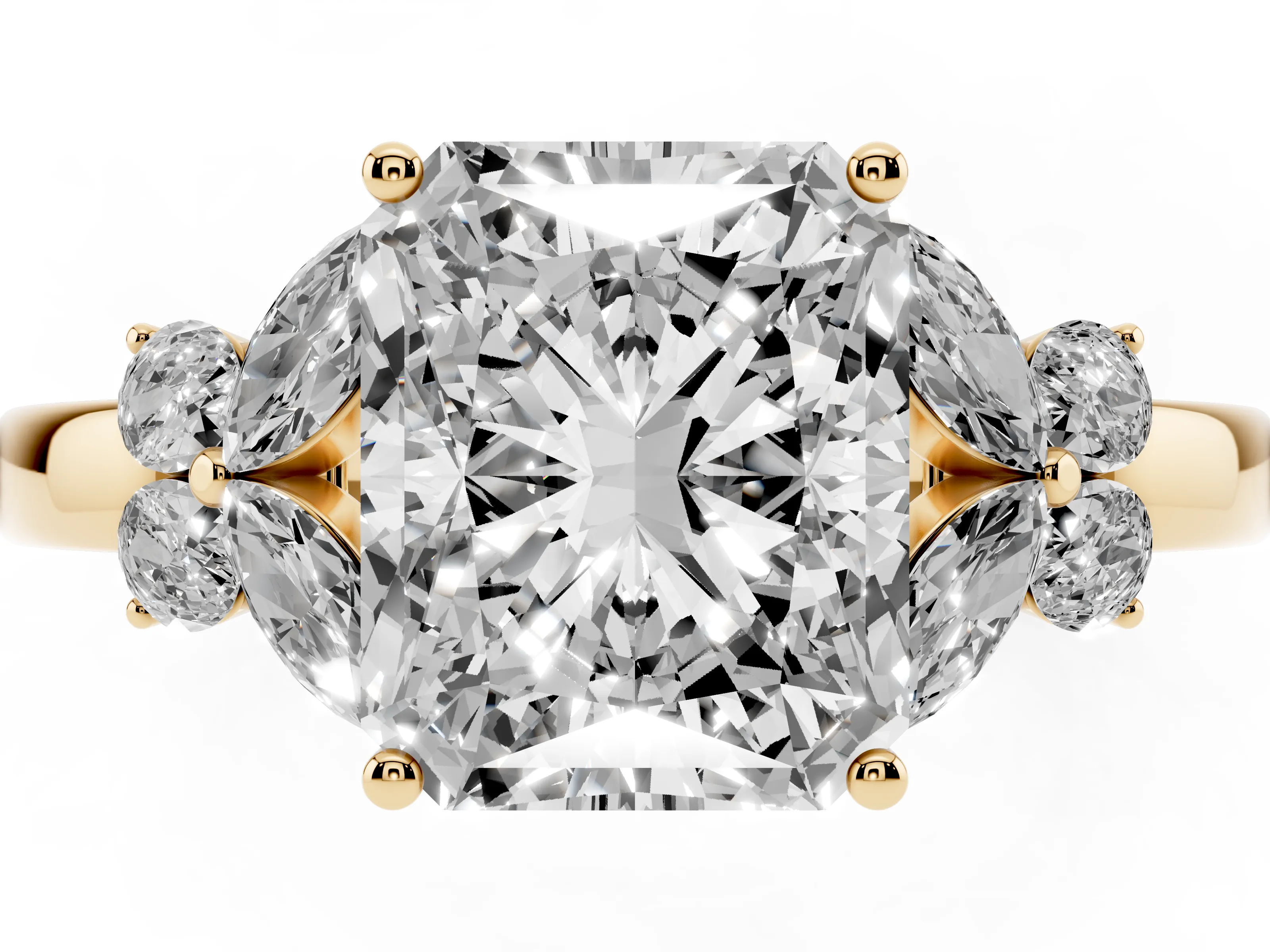 Radiant Cut Diamond Solitaire Floral Ring Set in Yellow gold with Marquise Petals and Prong Setting
