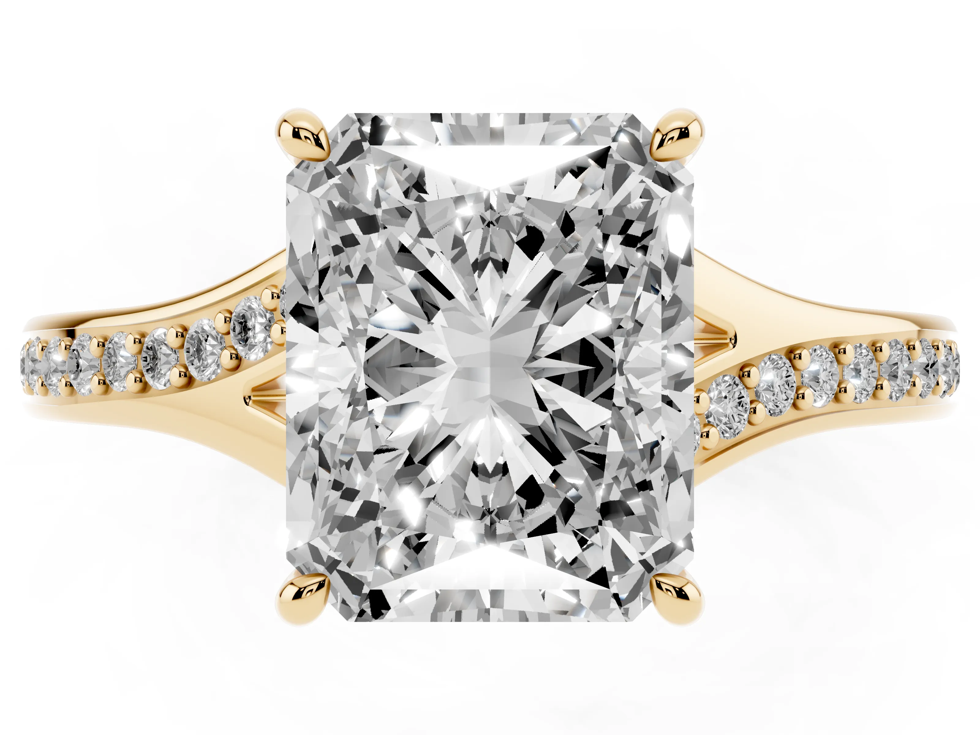 Radiant Cut Diamond Solitaire Ring Set in Yellow gold with Pavé Accent Band and Classic Prong Setting