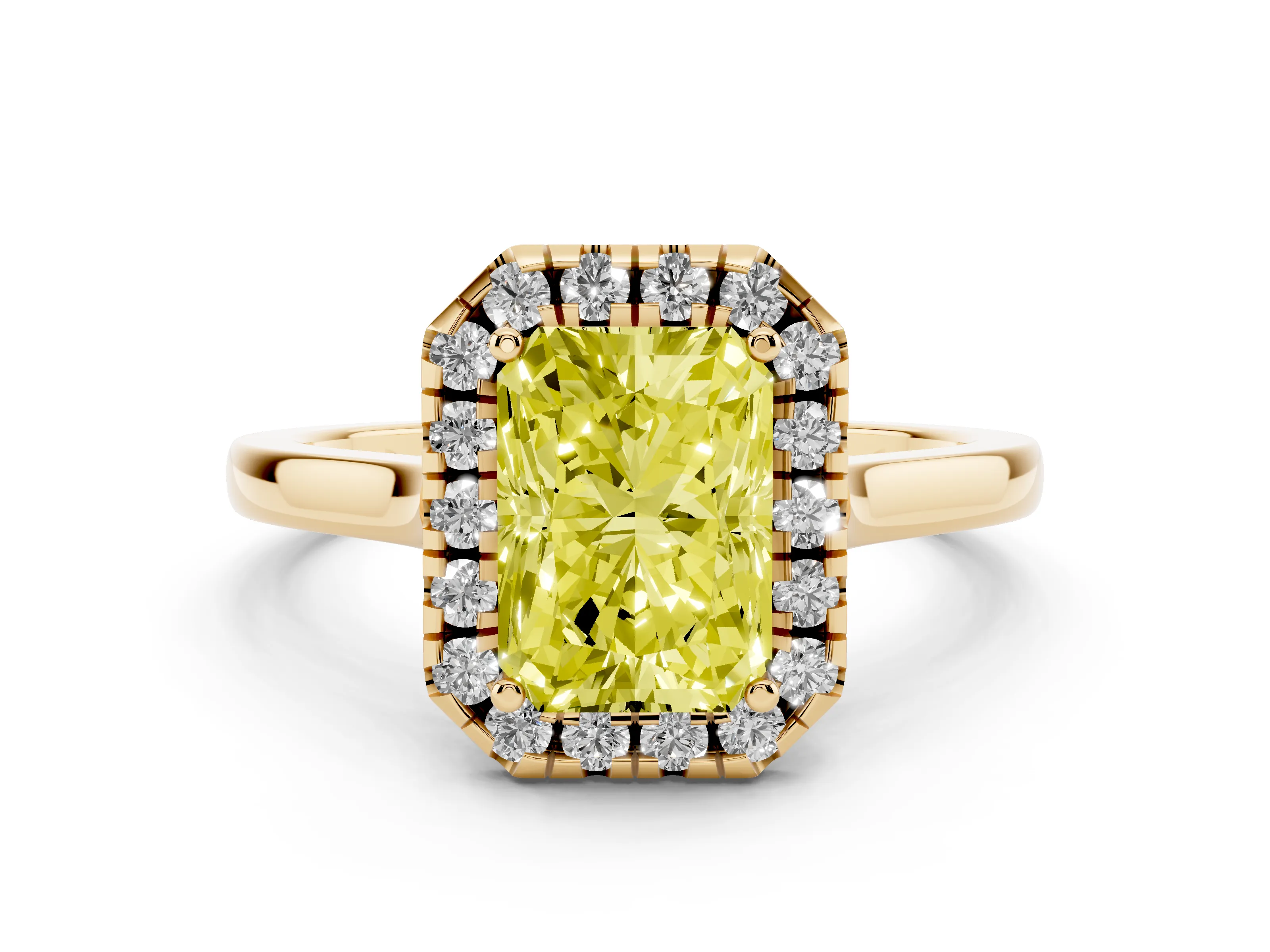 Fancy Yellow Radiant Cut Halo Round Diamond Solitaire Ring Set in Yellow gold with Pavé Band and Prong Setting