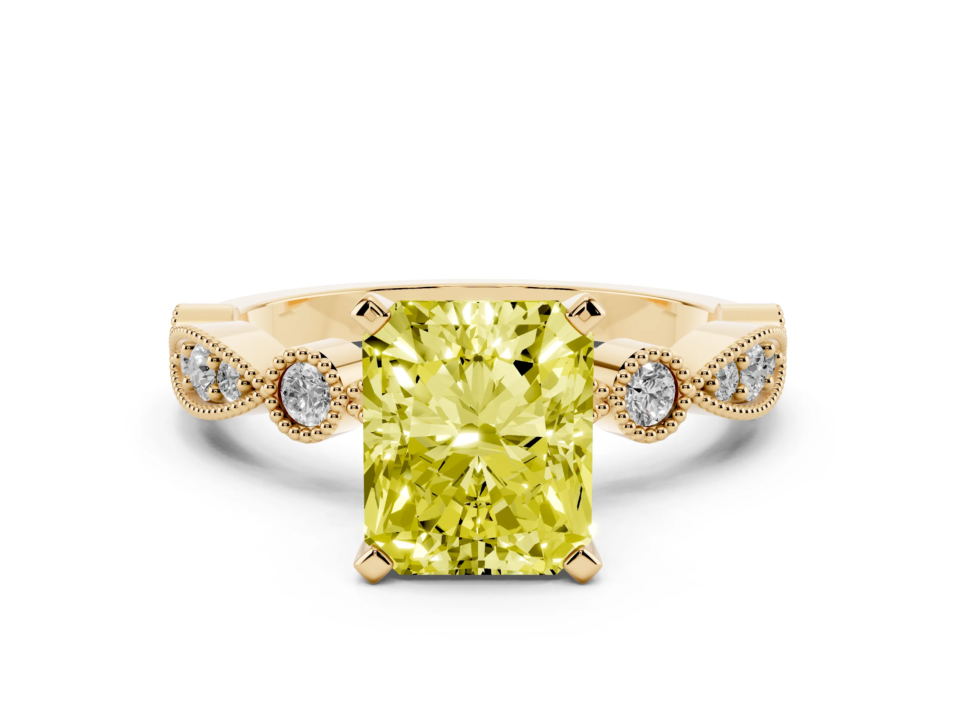 Fancy Yellow Radiant Cut Diamond Solitaire Engagement Ring Set in Yellow gold with Milgrain Bezel Accent Band