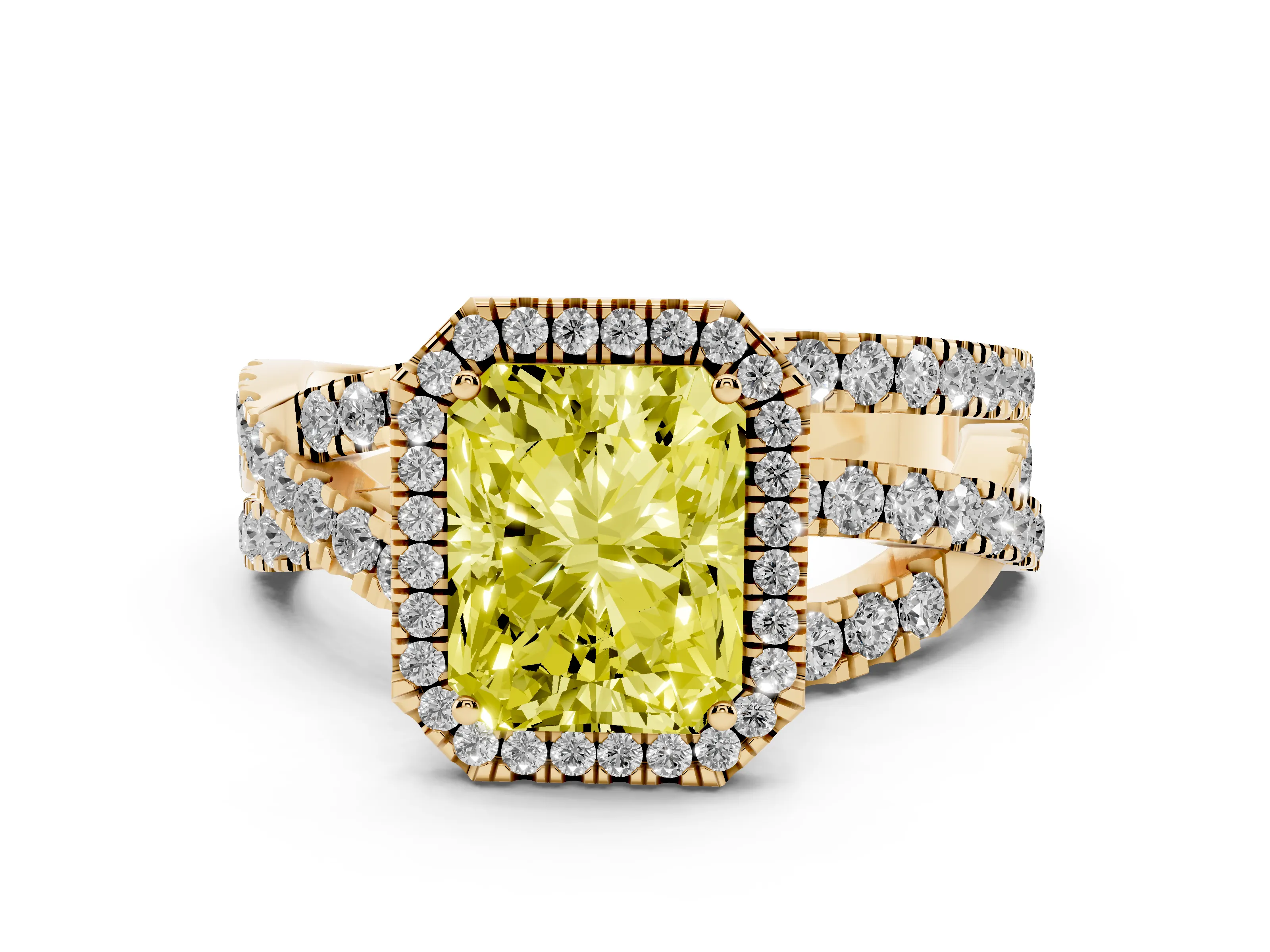 Fancy Yellow Radiant Cut Diamond Halo Ring Set in Yellow gold with Round Crossover Split Shank and Prong Setting