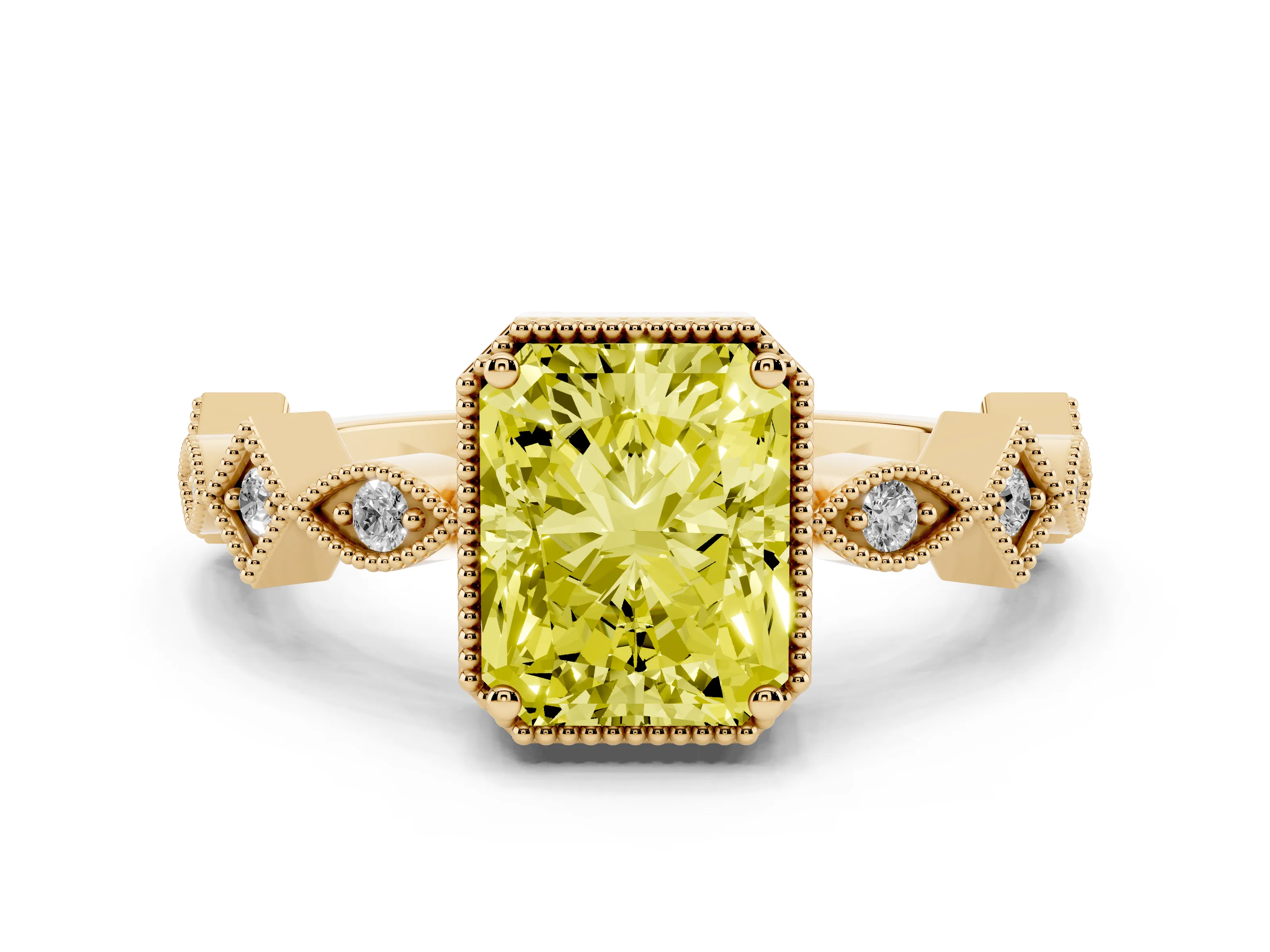 Fancy Yellow Radiant Cut Diamond Milgrain Marquise Twist Band Ring Set in Yellow gold with Prong Setting